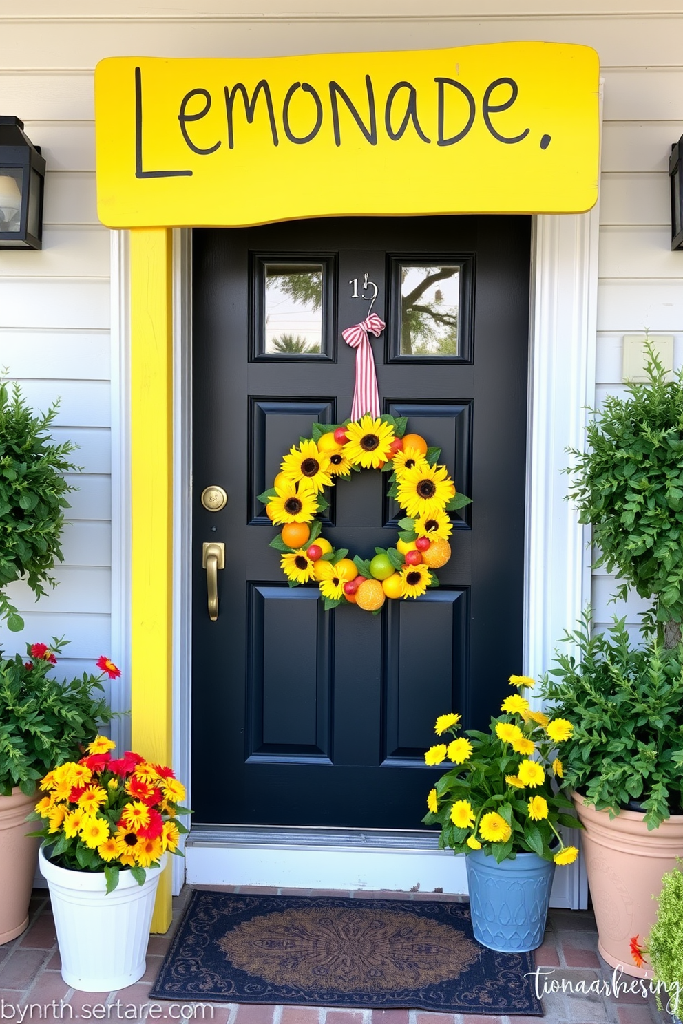 A charming lemonade stand sign is painted in bright yellow with playful lettering that invites guests to enjoy a refreshing drink. Surrounding the sign are vibrant flowers in pots, adding to the cheerful ambiance of the summer decor. For the front door, a colorful wreath made of sunflowers and citrus fruits is hung to create a welcoming atmosphere. Flanking the door are potted plants with lush greenery that enhance the summer vibe.