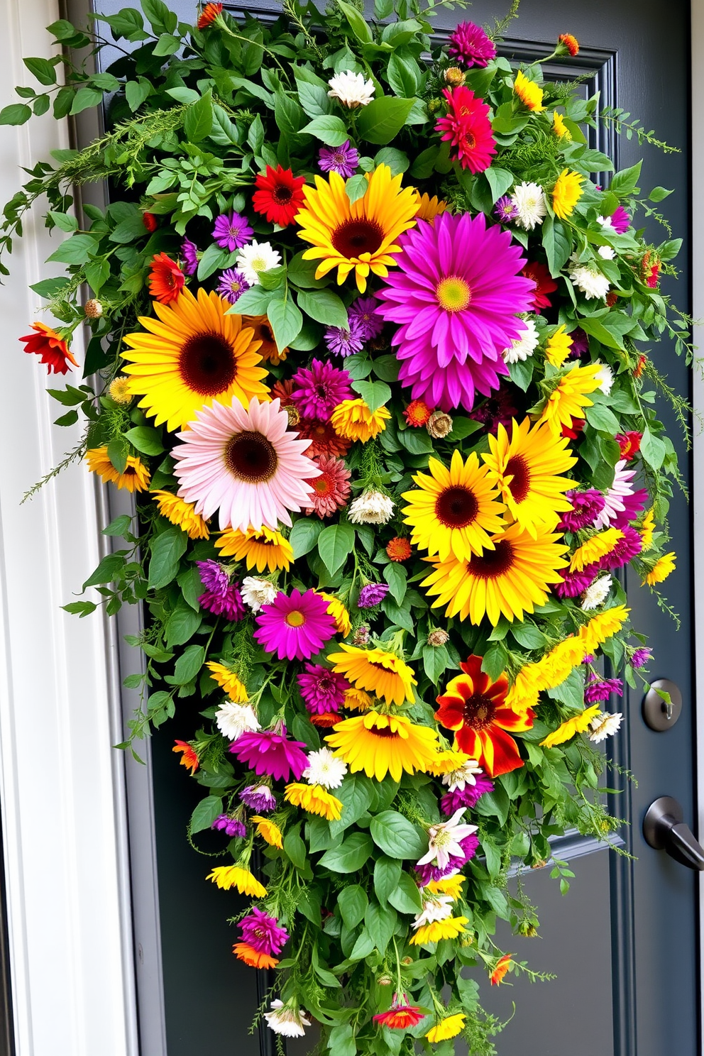 A vibrant summer-themed door garland adorned with lush greenery and colorful flowers. The garland features a mix of bright blooms such as sunflowers and daisies intertwined with rich green foliage, creating a welcoming and cheerful entrance.