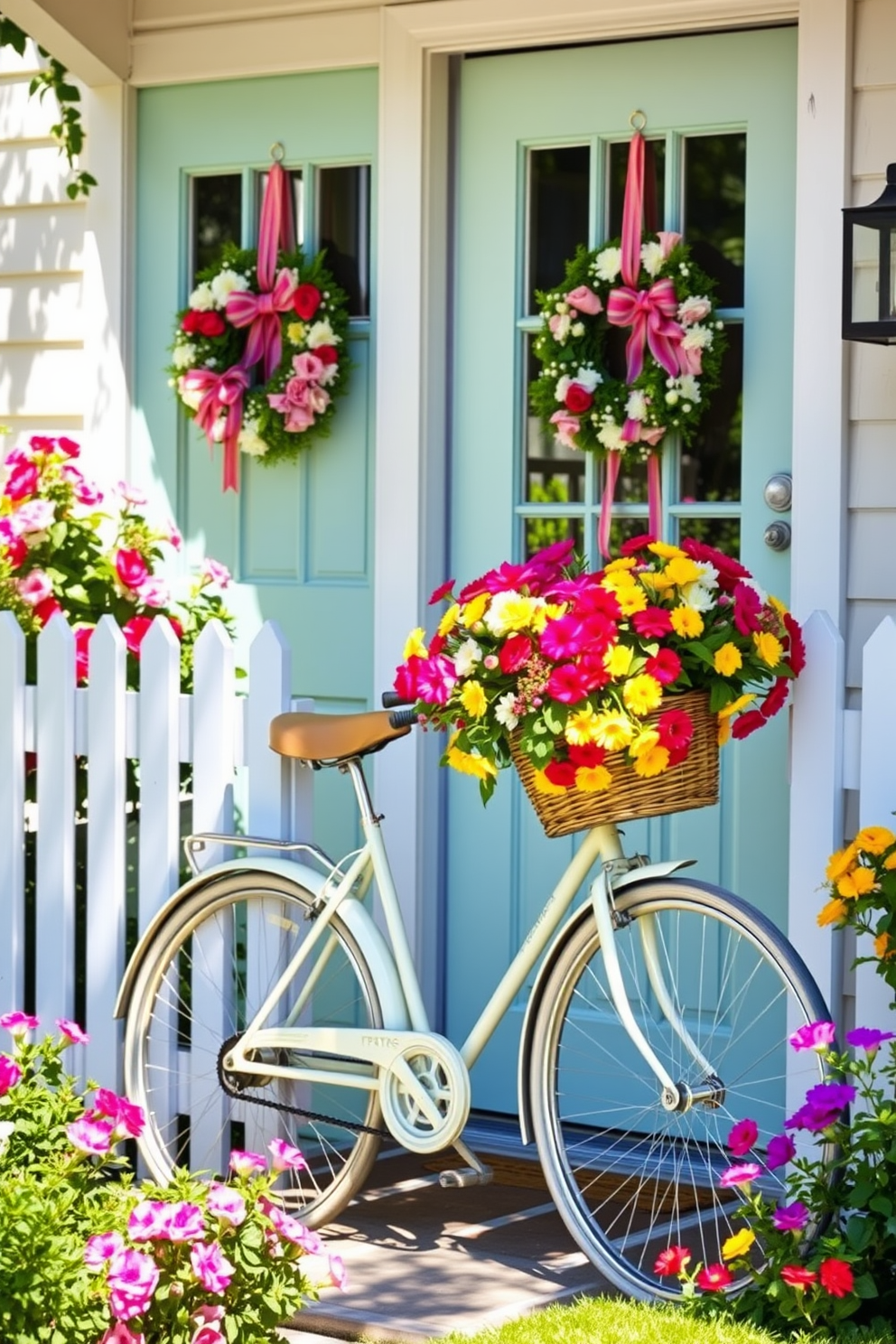 A charming vintage bicycle leans against a white picket fence, adorned with a basket overflowing with vibrant flowers in full bloom. The scene is set in a sunlit garden, with lush greenery and colorful blooms surrounding the entrance, creating a warm and inviting atmosphere. The front door is painted a cheerful pastel color, complementing the floral theme and enhancing the overall aesthetic. Wreaths made of fresh flowers and ribbons hang on the door, adding a touch of whimsy and seasonal charm to the summer decor.