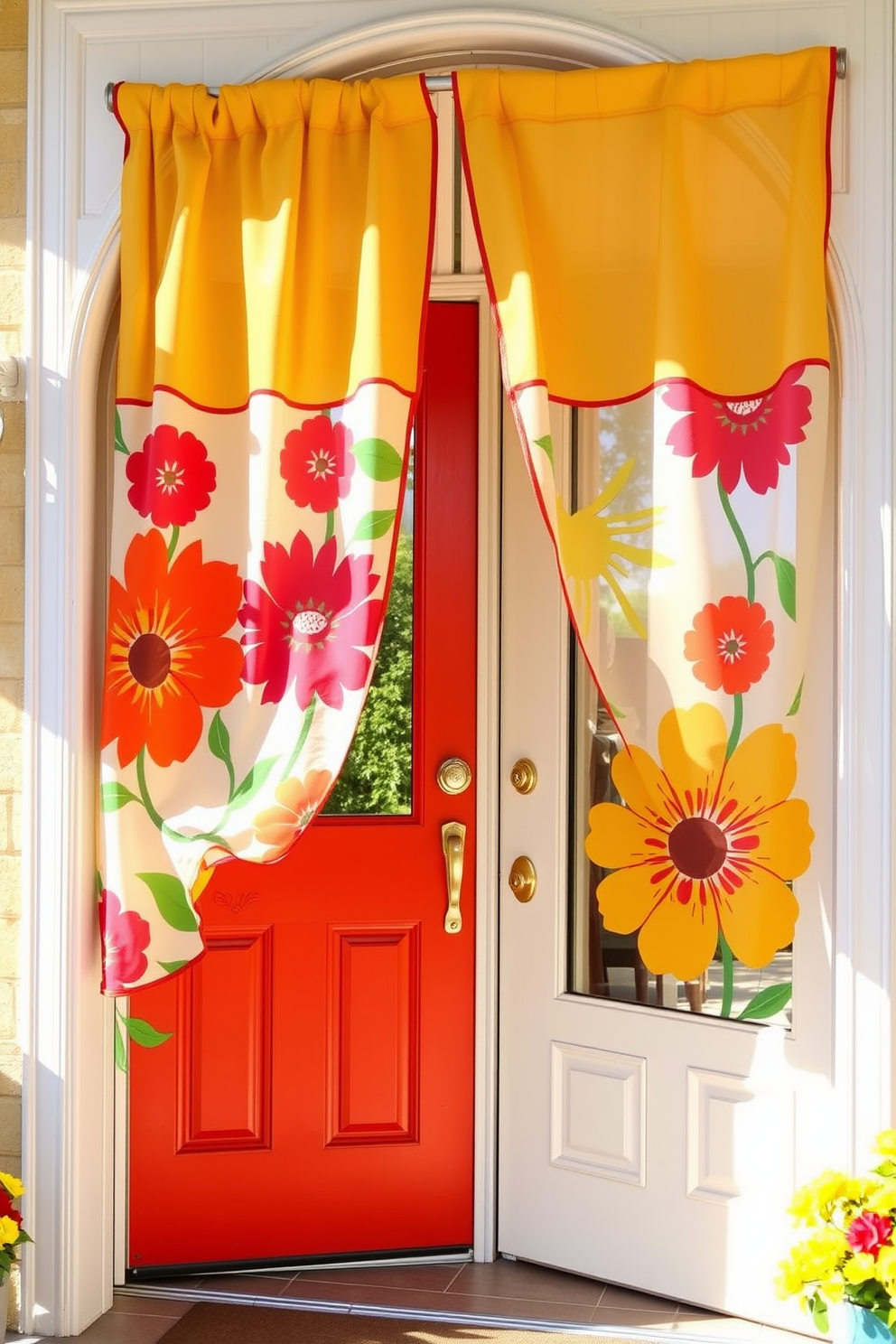 Brightly colored door curtains hang elegantly at the entrance, adding a vibrant touch to the summer decor. The curtains feature bold floral patterns that complement the warm, sunny atmosphere of the season. Brightly colored door curtains sway gently in the summer breeze, inviting warmth and cheer into the home. The cheerful hues and playful designs create a welcoming ambiance for guests and passersby alike.