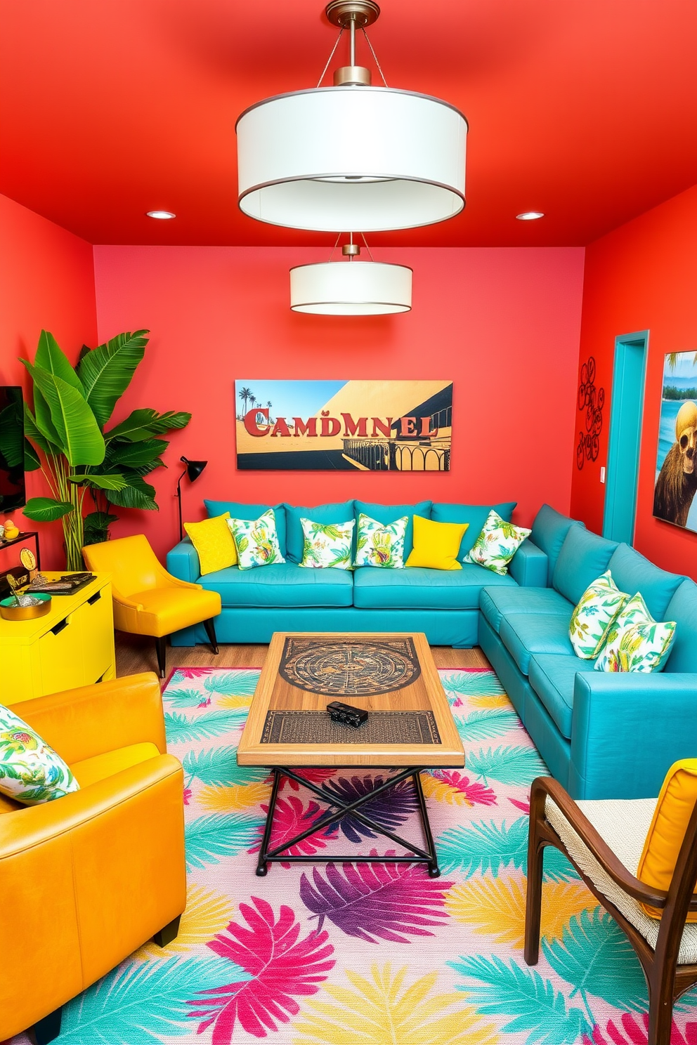 A vibrant summer game room filled with bright tropical colors. The walls are painted in a lively coral hue, and the furniture features bold teal and sunny yellow accents. A large sectional sofa is adorned with tropical print throw pillows, inviting relaxation and fun. A colorful area rug with palm leaf patterns anchors the space, while a table with board games and a tropical drink station adds to the festive atmosphere.