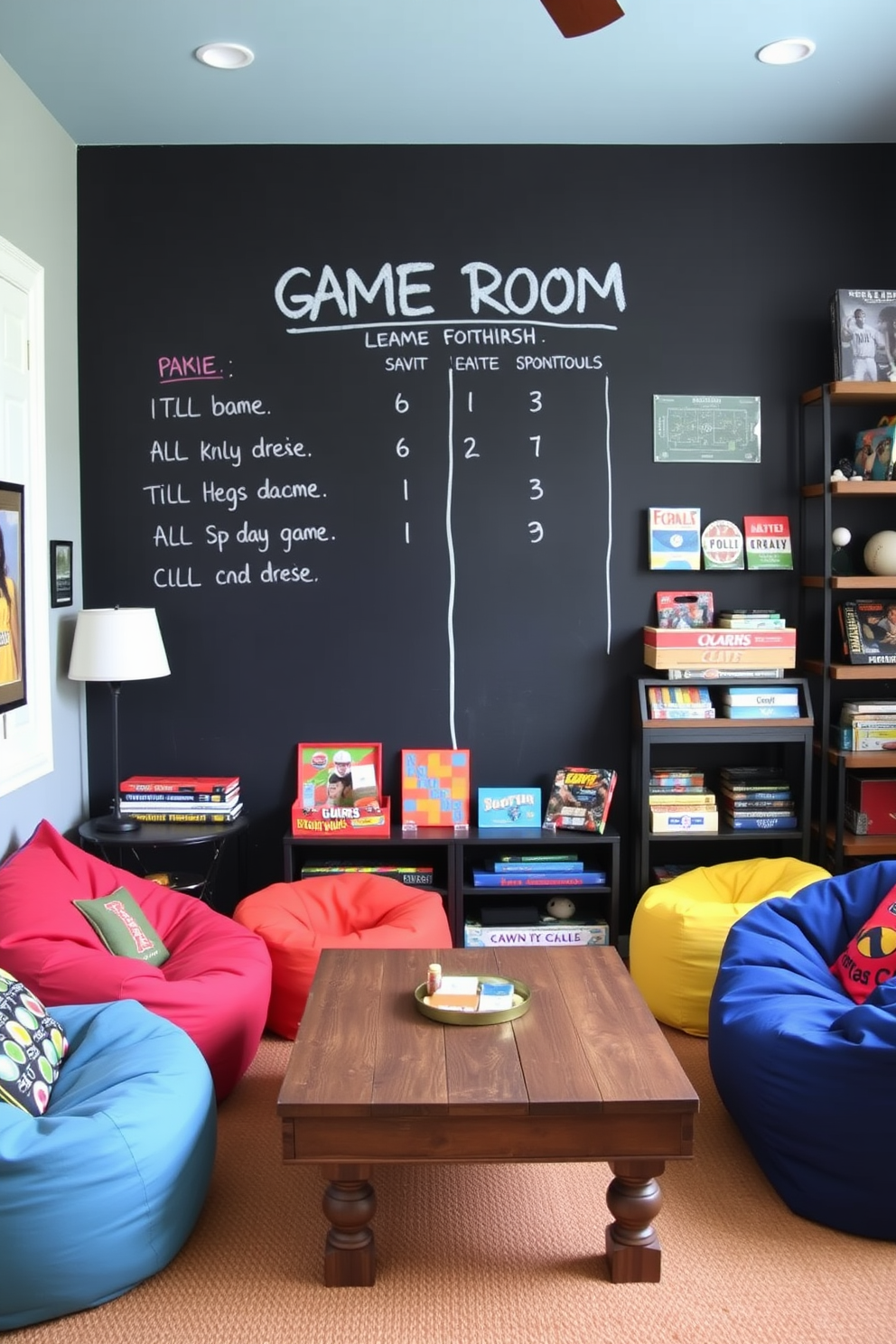 A vibrant game room featuring a DIY chalkboard wall for keeping track of game scores. The space is adorned with colorful bean bags, a rustic wooden coffee table, and shelves filled with board games and sports memorabilia.