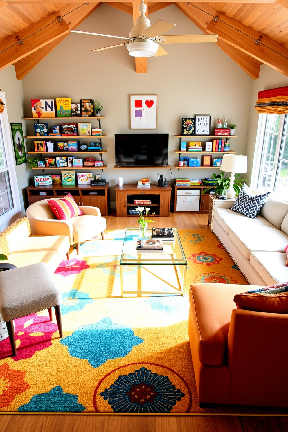 A vibrant summer game room filled with natural light. The floor is covered with a large, bright area rug that defines the gaming area, featuring playful patterns and colors. Comfortable seating options surround a stylish coffee table, inviting friends and family to gather. Wall-mounted shelves display board games and colorful decor, enhancing the cheerful atmosphere.