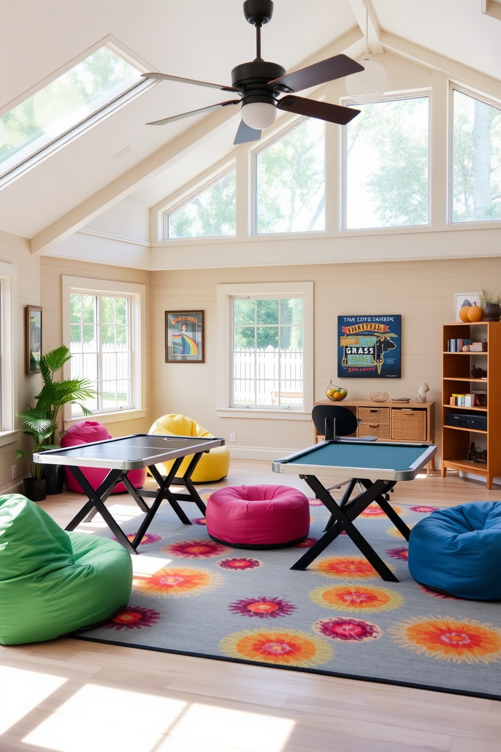 A cozy summer game room featuring portable game tables strategically arranged for versatility. The space is brightened by large windows allowing natural light, with colorful bean bags and a vibrant rug enhancing the playful atmosphere.