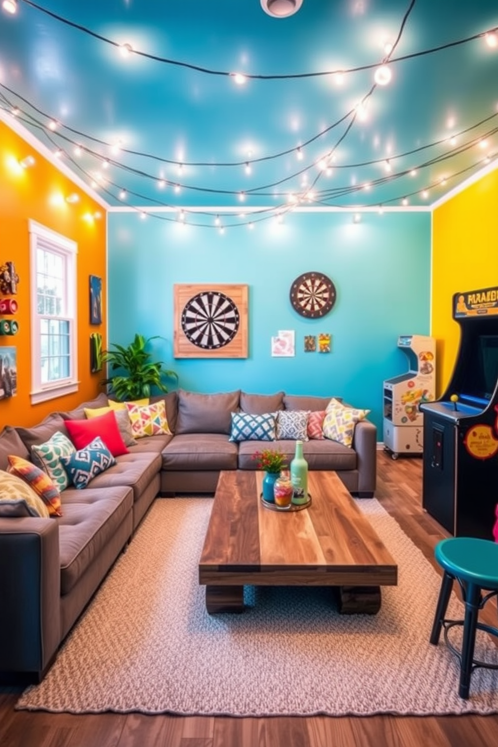 Create a vibrant summer game room filled with playful energy. The space features a large sectional sofa adorned with colorful throw pillows and a coffee table made from reclaimed wood. Incorporate creative lighting by draping string lights across the ceiling to create a warm and inviting atmosphere. Add a fun accent wall painted in a bright hue, complemented by a dartboard and a vintage arcade machine for entertainment.