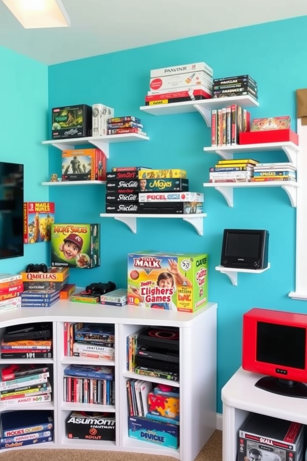 A vibrant game room featuring wall-mounted shelves designed for optimal game storage. The shelves are filled with colorful board games and neatly organized video game consoles, creating an inviting atmosphere for family and friends.