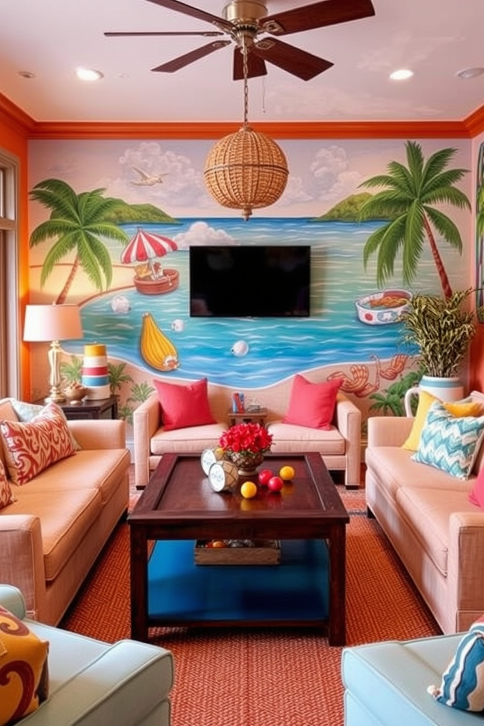 Artistic murals depicting summer scenes create a vibrant and lively atmosphere in any space. Bright colors and playful designs bring warmth and joy, making the room feel inviting and cheerful. For a summer game room, incorporate comfortable seating with bright cushions and a large coffee table for games. Use playful accents like beach-themed decor and a color palette that reflects the fun and relaxation of summer.