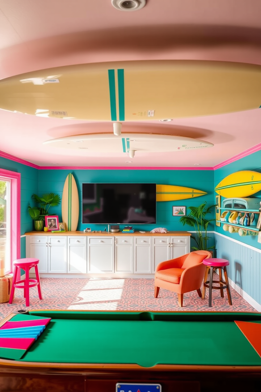 A vibrant game room filled with summer vibes features vintage surfboards mounted on the walls. The room is adorned with bright colors and playful patterns, creating a fun and inviting atmosphere for relaxation and entertainment.