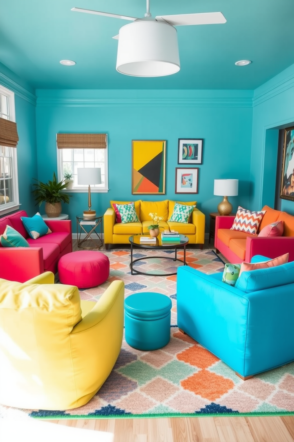 Brightly colored furniture creates a lively and inviting atmosphere in the summer game room. Incorporate a mix of vibrant sofas, playful bean bags, and bold accent chairs to enhance the playful vibe. Add a large, multi-colored area rug to unify the space and provide comfort underfoot. Use wall art and decorative accessories in complementary colors to tie the design together and inspire fun interactions.