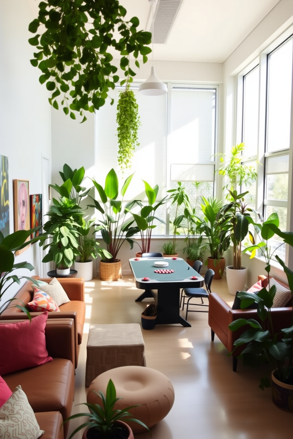 A bright and airy game room filled with natural light. Lush indoor plants are strategically placed around the room, creating a fresh and vibrant atmosphere. The walls are painted in a soft pastel color, complementing the playful decor. Comfortable seating options and a large gaming table invite relaxation and fun.