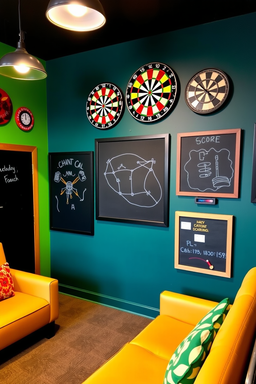 A vibrant game room featuring a dedicated interactive wall for darts. The wall is adorned with colorful dartboards and a chalkboard for scoring, surrounded by cozy seating and playful decor.