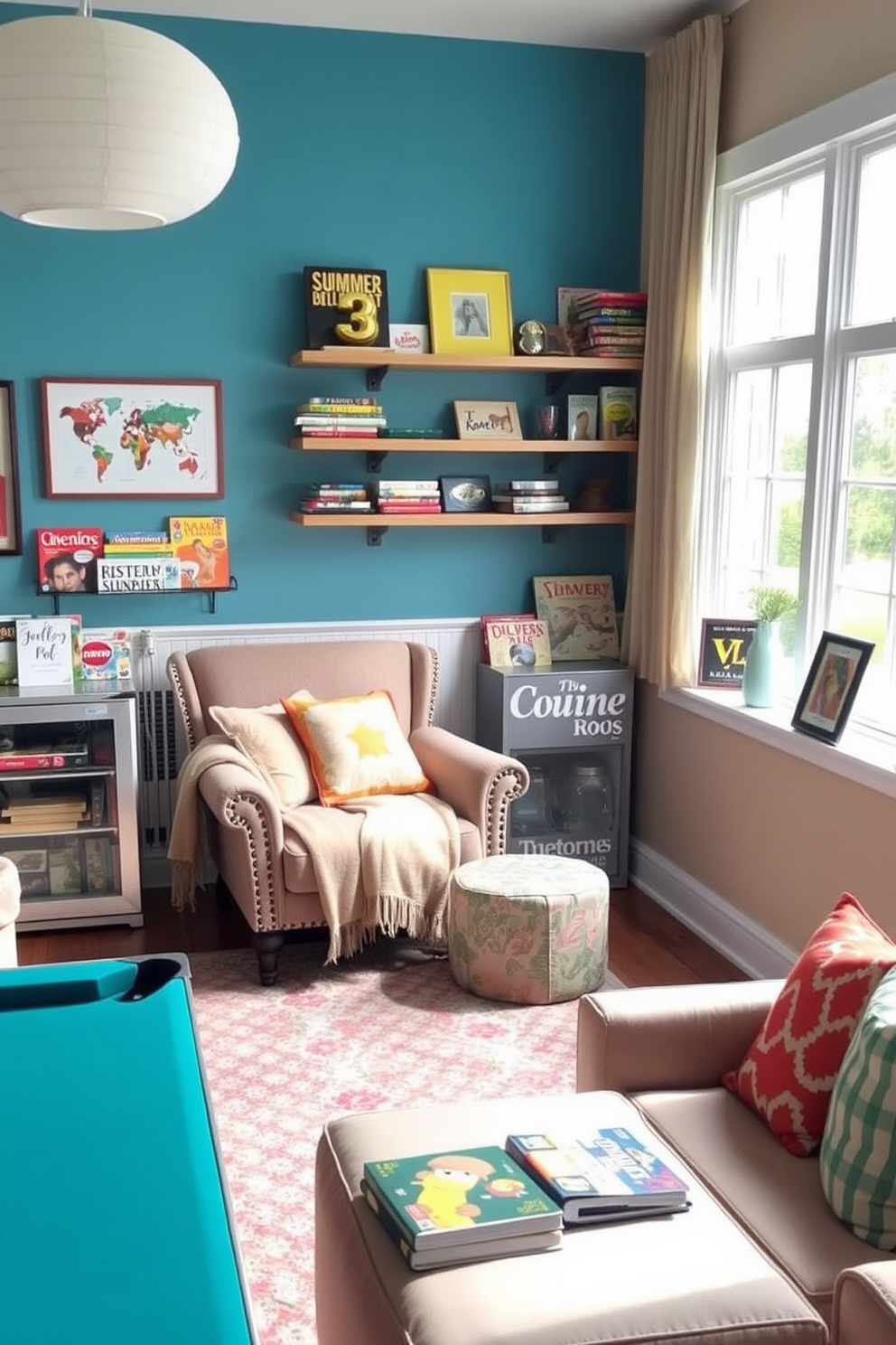 Cozy reading nook with summer books. A plush armchair is positioned by a large window, adorned with soft throw pillows and a warm blanket. The bookshelf beside it is filled with colorful summer-themed novels and a small potted plant sits on the side table. Natural light floods the space, creating an inviting atmosphere perfect for leisurely reading. Summer game room decorating ideas. The room features a vibrant color palette with a pool table in the center surrounded by comfortable seating. Wall-mounted shelves display board games and summer-themed decor, while a mini fridge stocked with refreshments completes the playful ambiance.