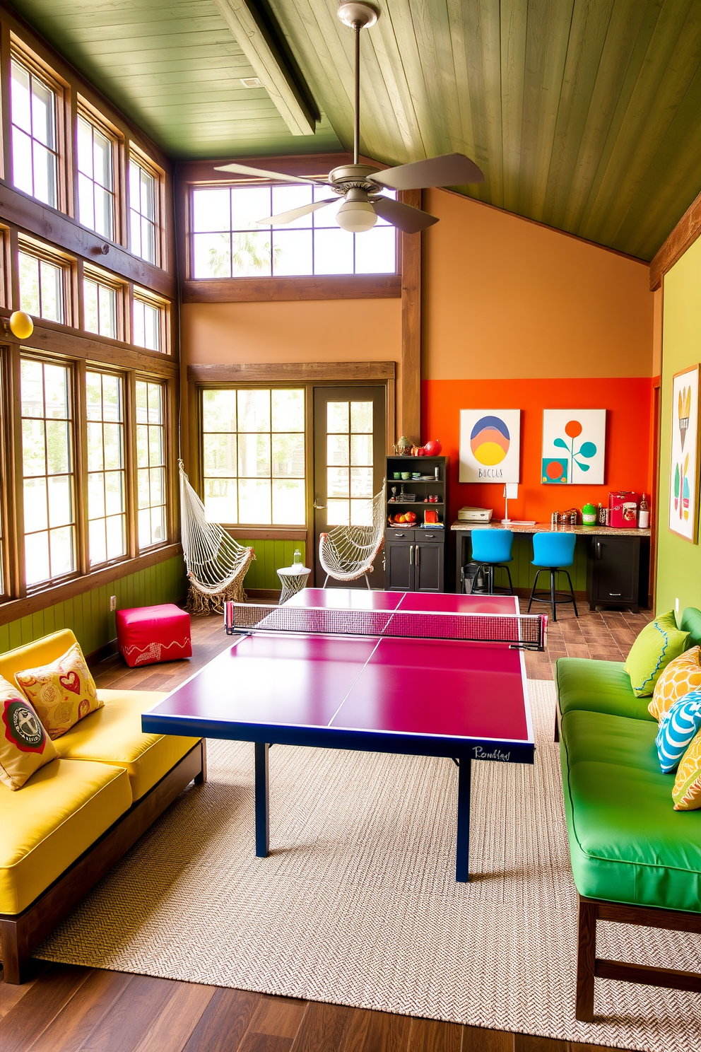 Create a vibrant summer game room that seamlessly blends outdoor games with indoor comfort. Incorporate a large ping pong table as the centerpiece, surrounded by bright, colorful seating and large windows that invite natural light. Add a cozy lounge area with a hammock chair and a mini bar stocked with refreshing drinks. Use playful wall art featuring classic outdoor games like cornhole and bocce to enhance the cheerful atmosphere.