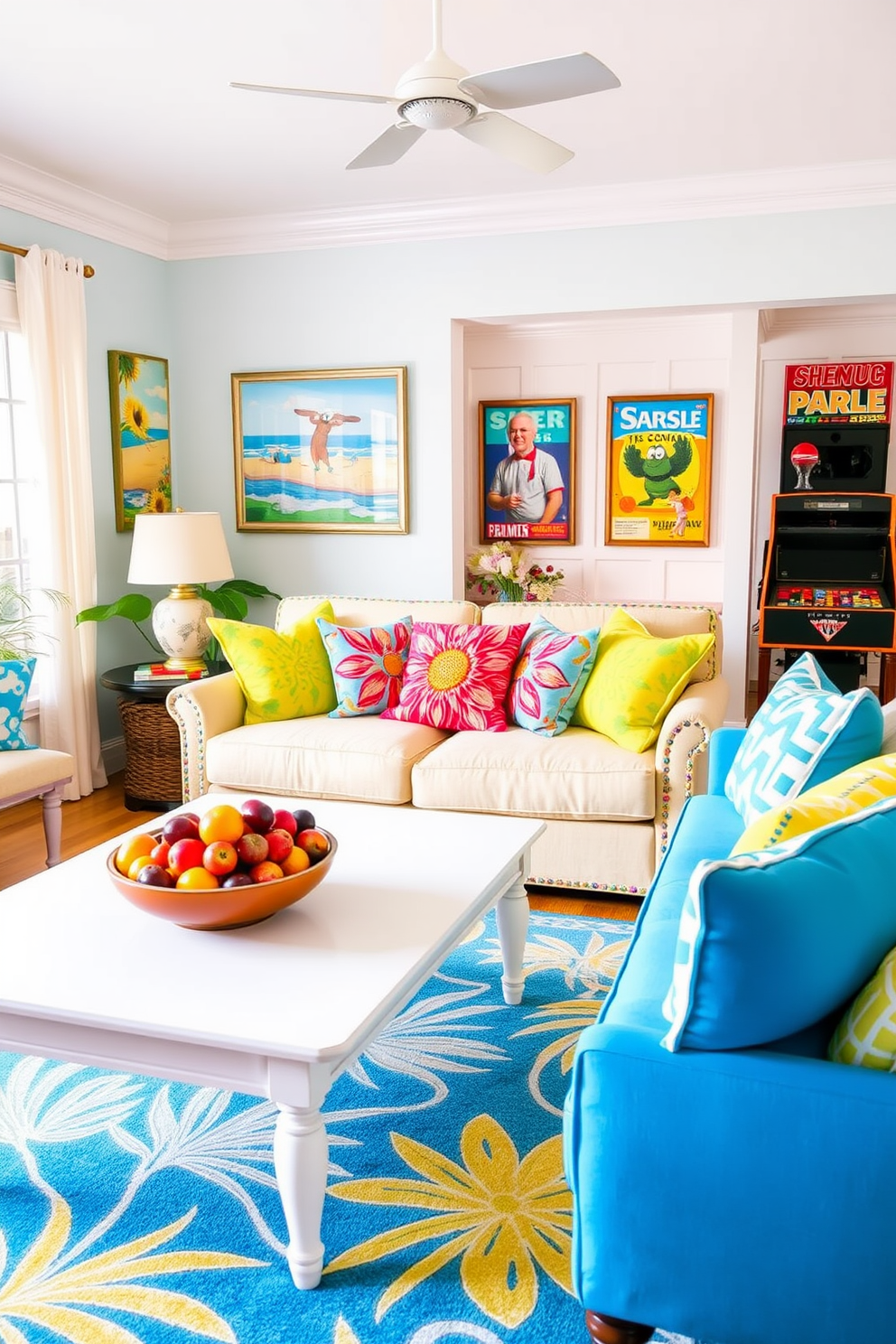 A bright and airy living space filled with vibrant summer decorations. Colorful throw pillows adorn the sofa, and a large bowl of fresh fruit sits on the coffee table. The walls are adorned with cheerful artwork depicting beach scenes and sunflowers. A playful area rug with a tropical pattern covers the floor, adding warmth and a sense of fun to the room. In the game room, a refreshing palette of blues and yellows sets a lively tone. The walls feature framed vintage game posters, and a cozy seating area invites friends to gather for summer game nights.