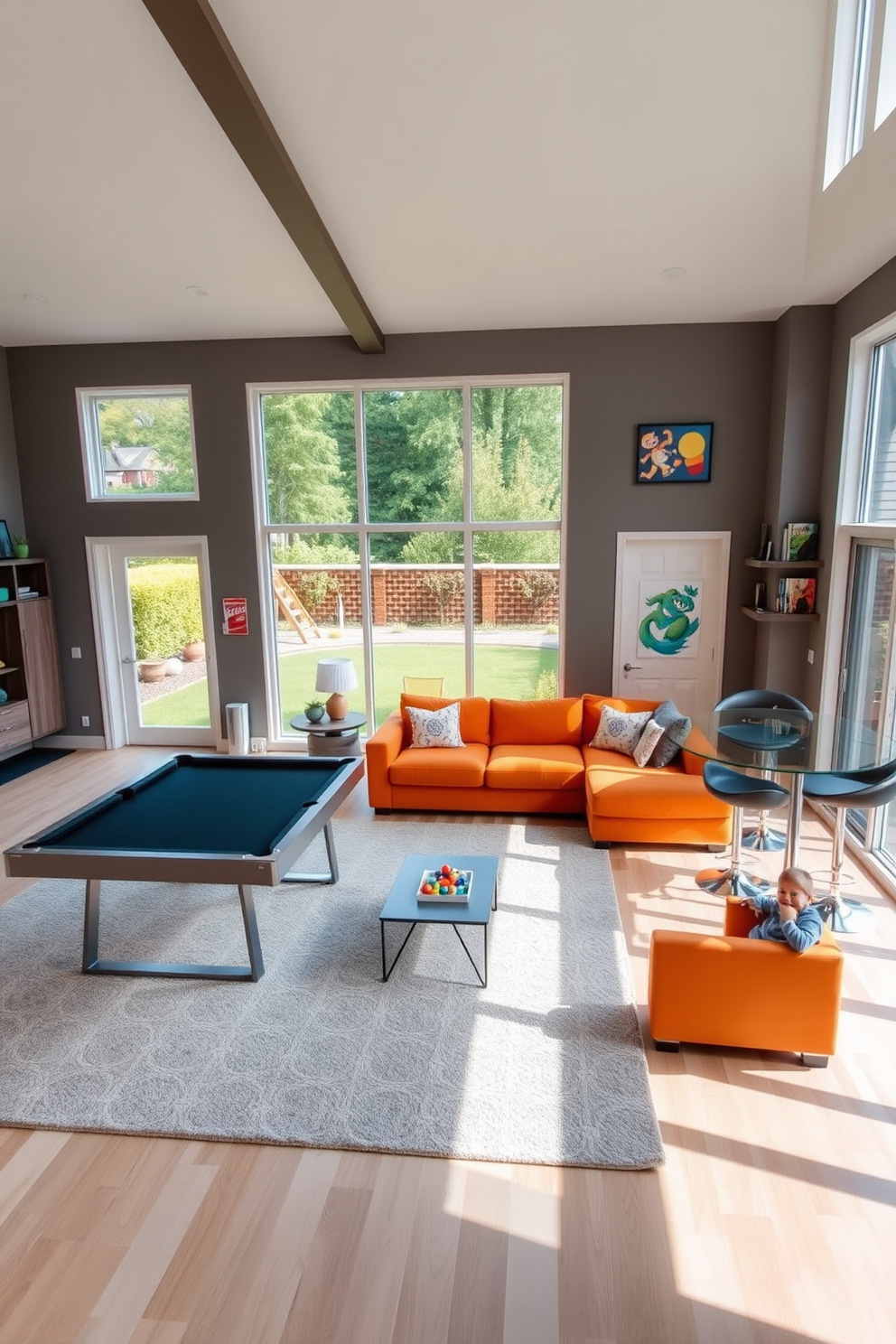 A spacious game room filled with natural light streaming through large windows that overlook a lush garden. The room features a comfortable sectional sofa in a vibrant color, paired with a sleek coffee table and a large area rug to define the space. In one corner, a stylish pool table takes center stage, surrounded by contemporary bar stools. The walls are adorned with playful artwork and shelves displaying board games, creating a fun and inviting atmosphere.