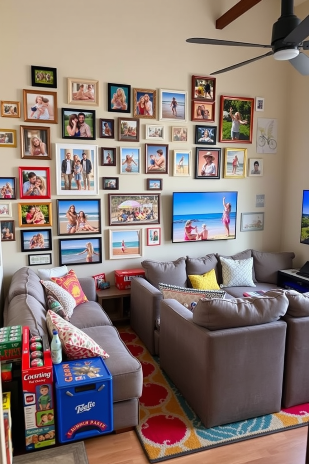 A family photo wall adorned with vibrant summer memories. The wall features an eclectic mix of frames in various sizes, showcasing joyful moments spent at the beach and family barbecues. A cozy game room designed for summer fun. The space includes a large sectional sofa, a colorful area rug, and a wall-mounted TV, complemented by a selection of board games and a mini fridge stocked with refreshments.