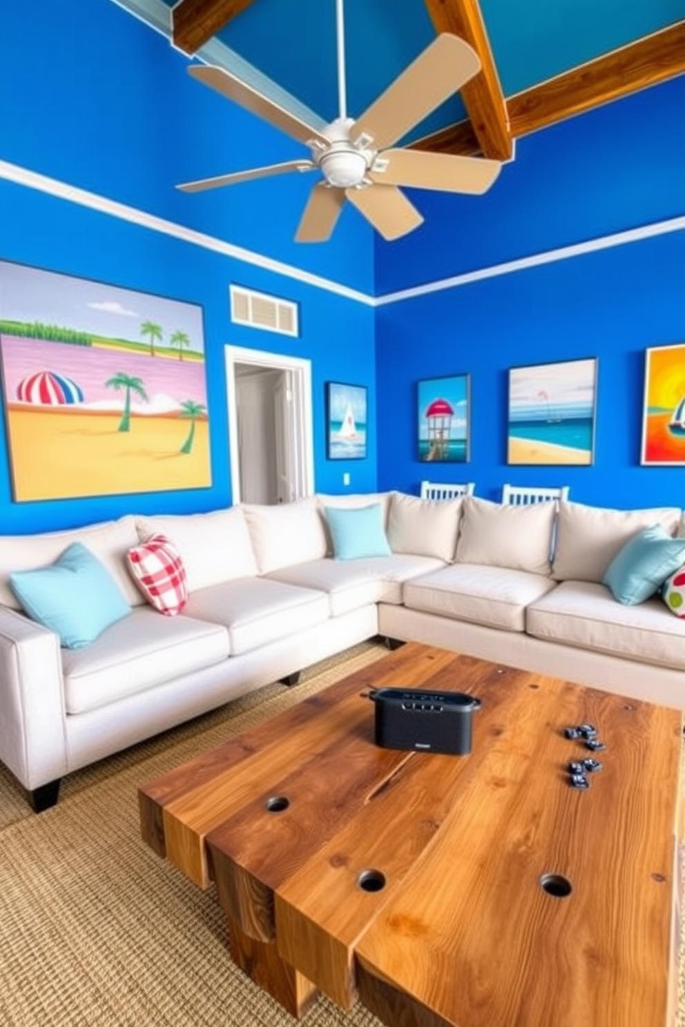 A vibrant summer game room filled with fun and relaxation. The walls are painted in a bright blue hue with colorful artwork featuring beach scenes. A large sectional sofa in a light fabric faces a sleek coffee table made of reclaimed wood. A portable speaker sits on the table, ready to play summer tunes while friends gather for games.