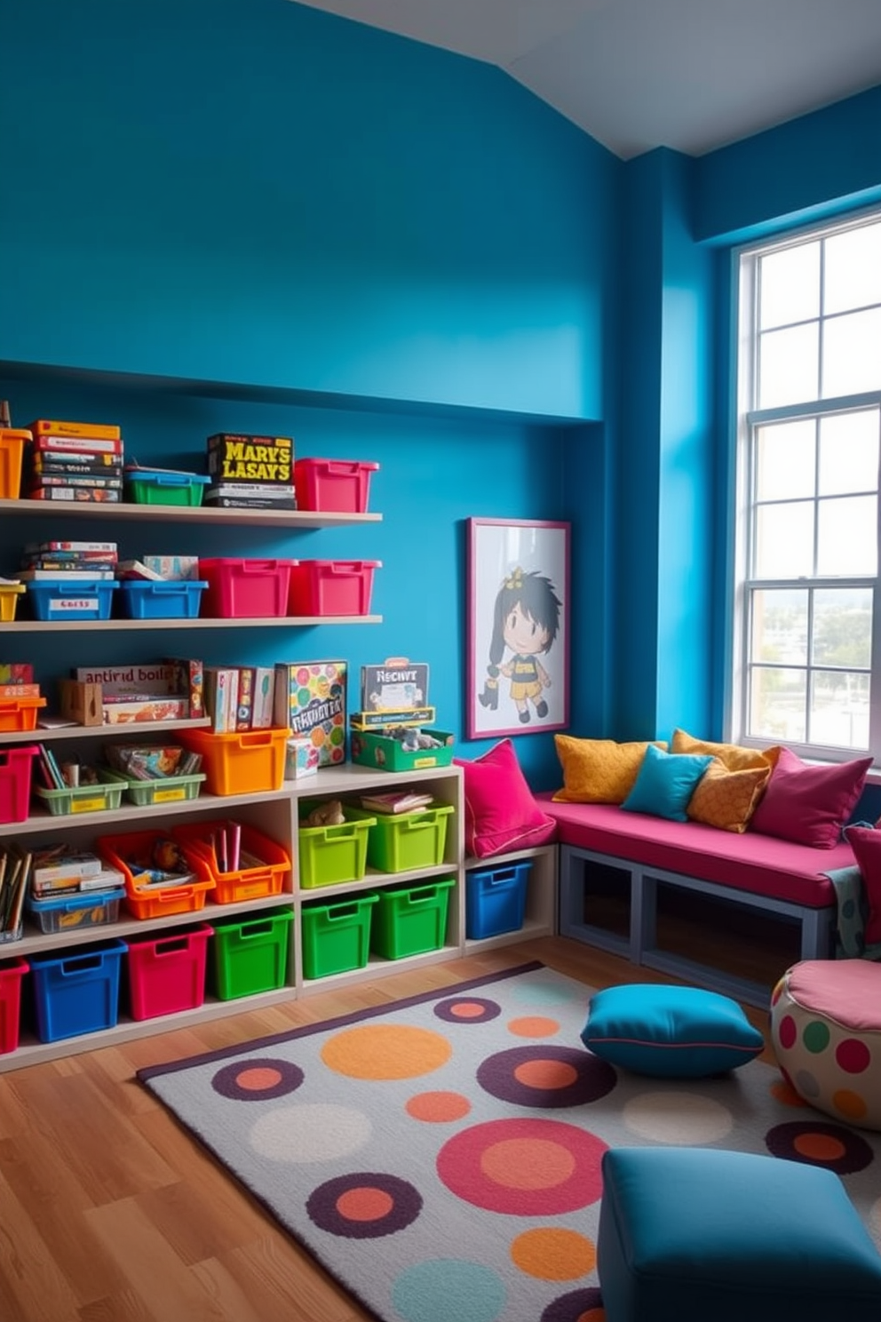 Colorful storage bins are arranged neatly on open shelves, showcasing a variety of games and toys. The walls are painted in a bright blue hue, and a cozy seating area with vibrant cushions is set up for relaxation. Large windows allow natural light to flood the room, enhancing the cheerful atmosphere. A playful area rug with fun patterns adds warmth and texture to the space.