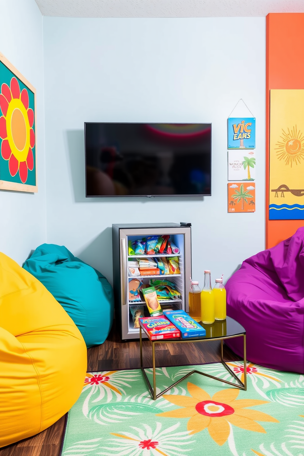 A mini fridge stocked with summer snacks is placed in the corner of a vibrant game room. The fridge is surrounded by colorful bean bags and a large wall-mounted TV, creating a fun and inviting atmosphere. The game room features bright wall art and playful decor that reflects a summer theme. A tropical print rug anchors the space, while a small table holds a selection of board games and summer-themed drinks.