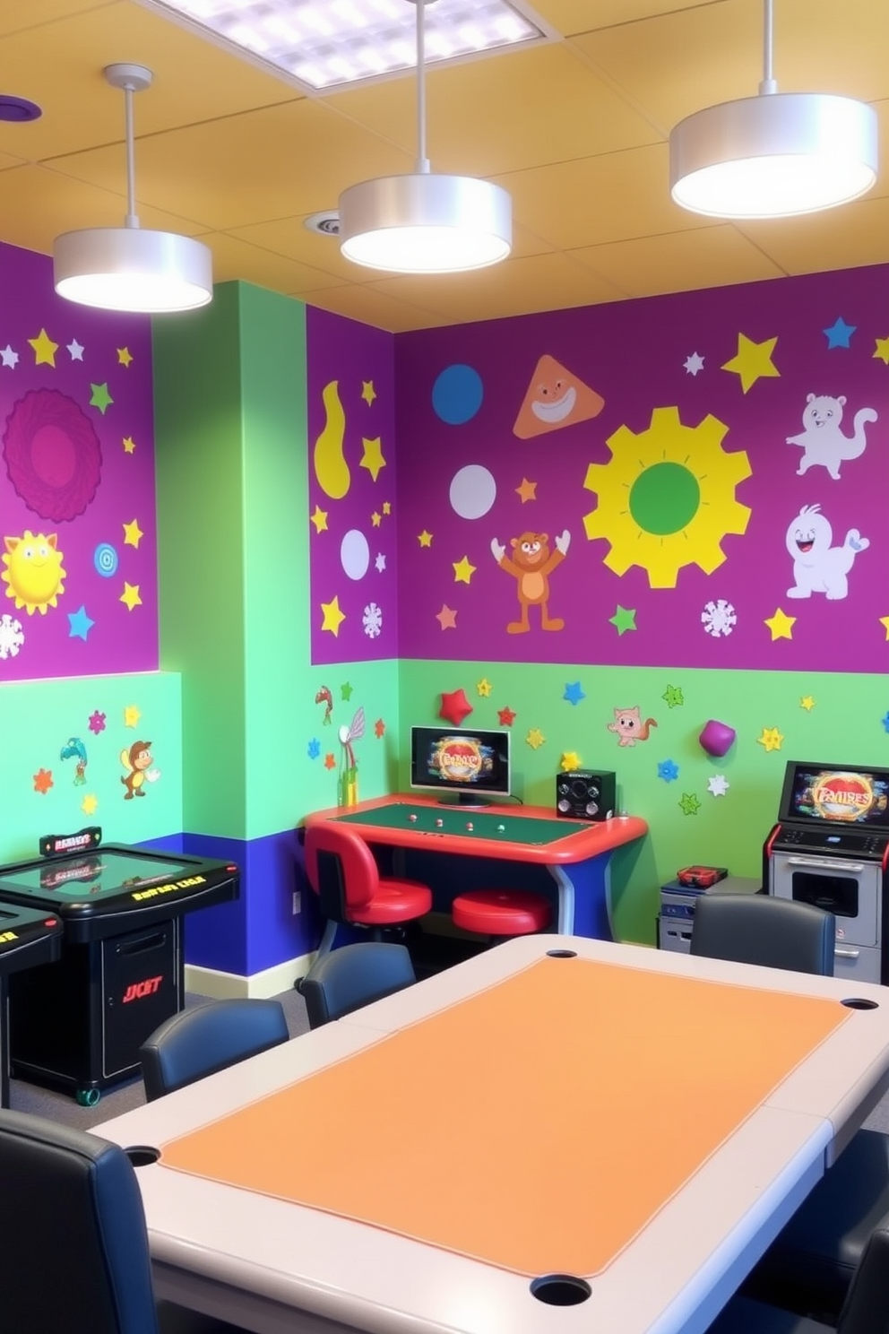 A vibrant game room filled with playful wall decals featuring colorful shapes and characters. The walls are painted in a bright, cheerful color, and the room is furnished with comfortable seating and a large gaming table.