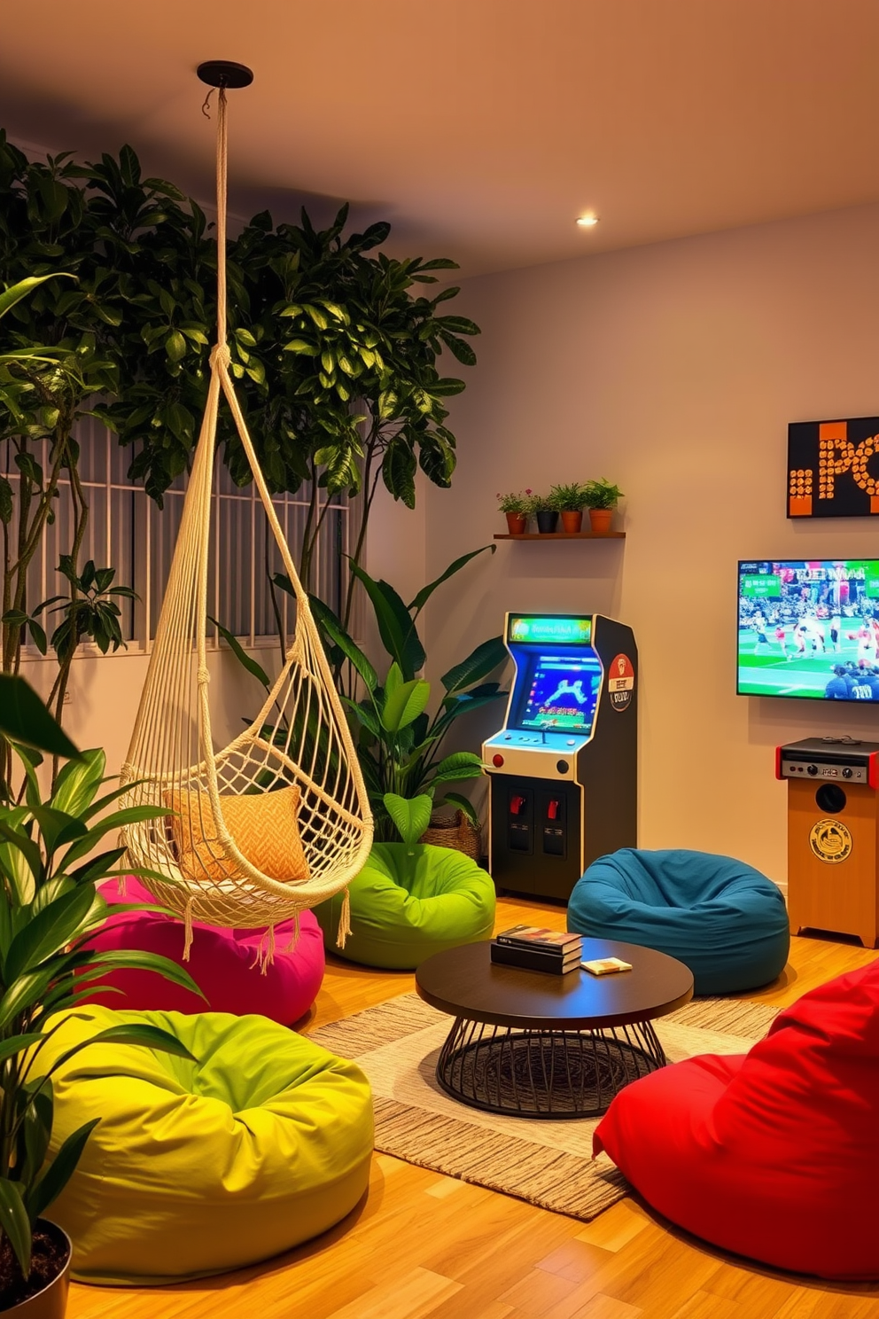 A cozy relaxation corner features a stylish hammock chair suspended from the ceiling, surrounded by lush indoor plants. Soft, ambient lighting creates a warm atmosphere, inviting you to unwind with a good book or enjoy a cup of tea. The summer game room is vibrant and fun, with colorful bean bags scattered around a large coffee table. A retro arcade machine stands in one corner, while a wall-mounted TV displays a lively game, making it the perfect spot for friends and family to gather.