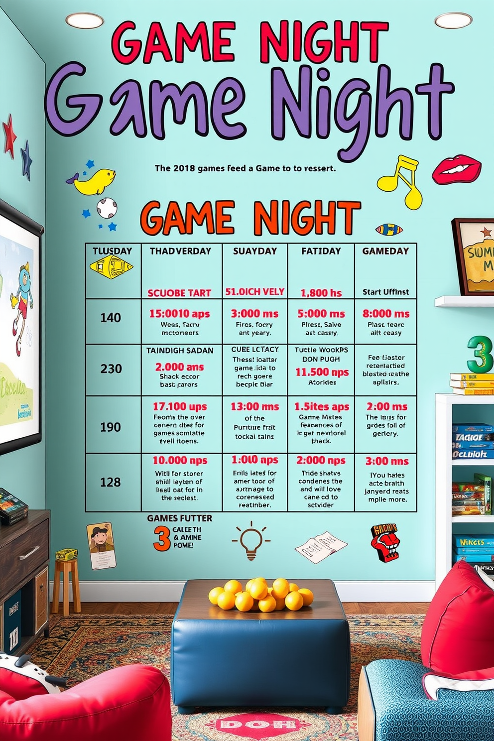 Create a vibrant game night calendar for summer events featuring colorful graphics and fun illustrations. Include a variety of games and activities scheduled throughout the summer, with each event highlighted in a playful font. Design a game room that captures the essence of summer with bright colors and comfortable seating. Incorporate elements like a large screen for movie nights, shelves for board games, and playful decor that reflects a lively summer atmosphere.