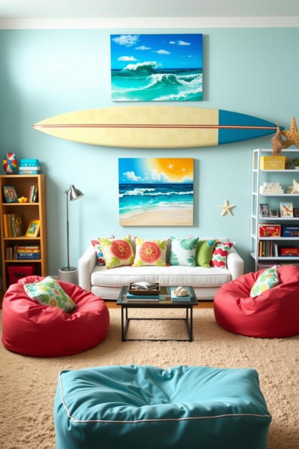 A bright and airy game room with beach-themed wall art featuring vibrant ocean scenes. The decor includes a large surfboard mounted on the wall, colorful throw pillows with tropical patterns, and a sandy-colored rug that ties the room together. Incorporate a fun seating area with bean bags and a low coffee table for a laid-back vibe. Add shelves with beach-themed books and games, complemented by decorative accents like seashells and starfish to enhance the summer atmosphere.