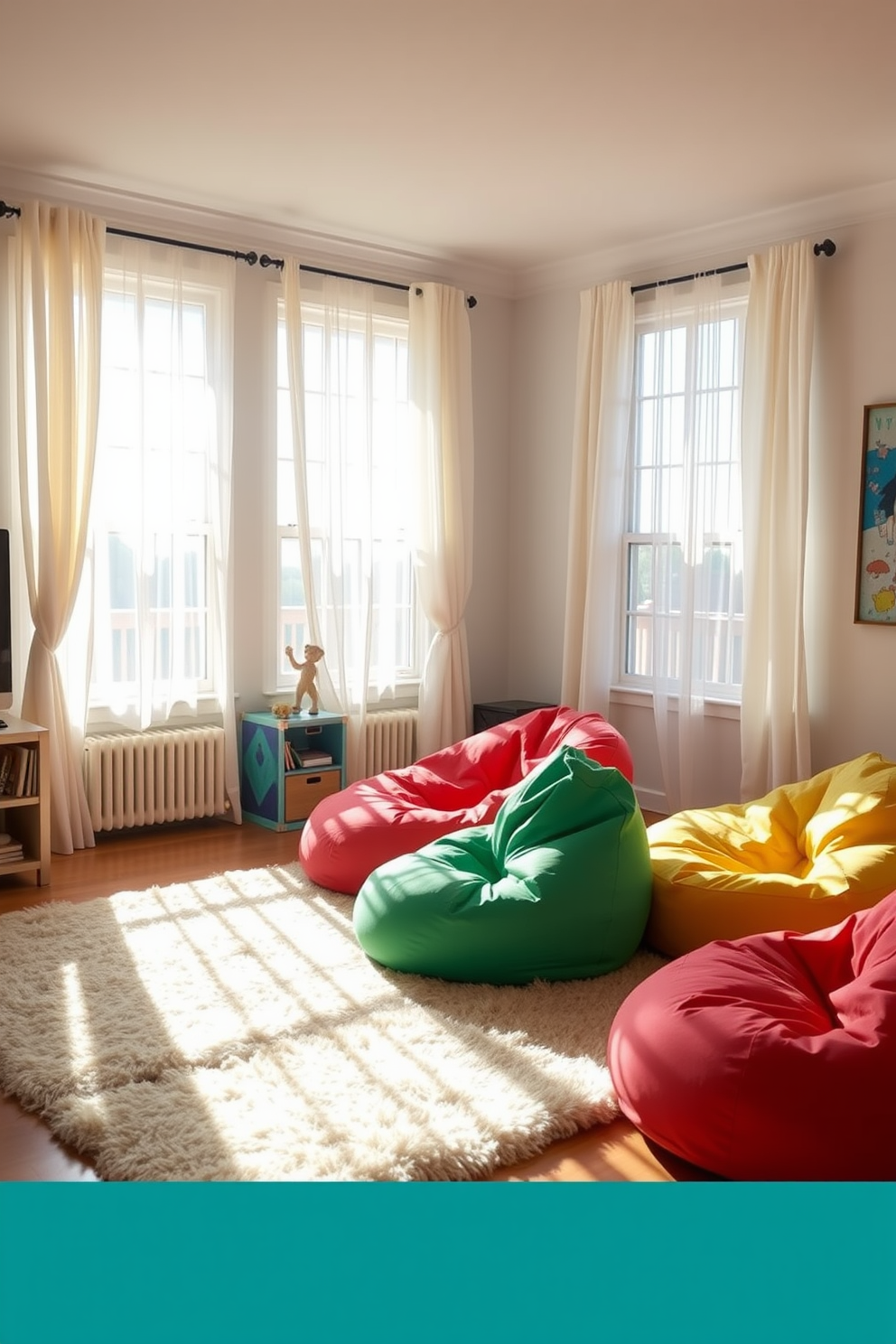 A bright and inviting game room features lightweight curtains that flutter gently in the breeze, allowing natural light to filter in softly. The space is adorned with colorful bean bags and a large, plush rug that adds warmth and comfort, creating an ideal atmosphere for summer relaxation and fun.