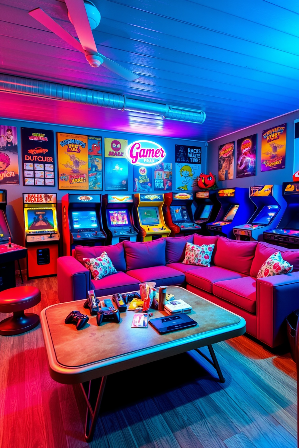 A vibrant summer game room filled with retro arcade games creates a nostalgic atmosphere. The walls are adorned with colorful posters of classic games, and a neon sign adds a playful touch. In the center, a large, inviting sectional sofa provides ample seating for friends and family. A vintage coffee table, styled with game controllers and snacks, completes the relaxed vibe of the space.