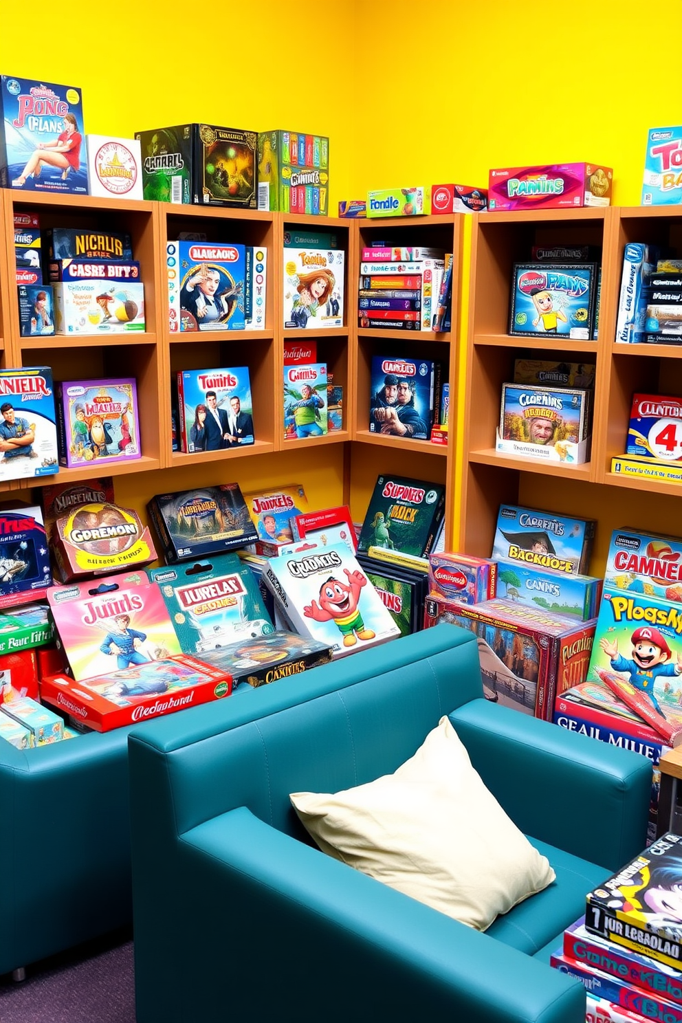 A vibrant game room filled with colorful board games displayed on open shelves. The walls are painted in a cheerful yellow, and comfortable seating areas are arranged for easy access to the games.