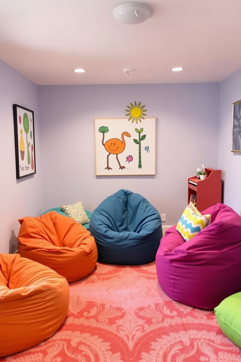 A vibrant summer game room featuring colorful bean bags arranged in a cozy seating area. The walls are adorned with playful artwork and the floor is covered with a soft, bright rug to enhance comfort and style.