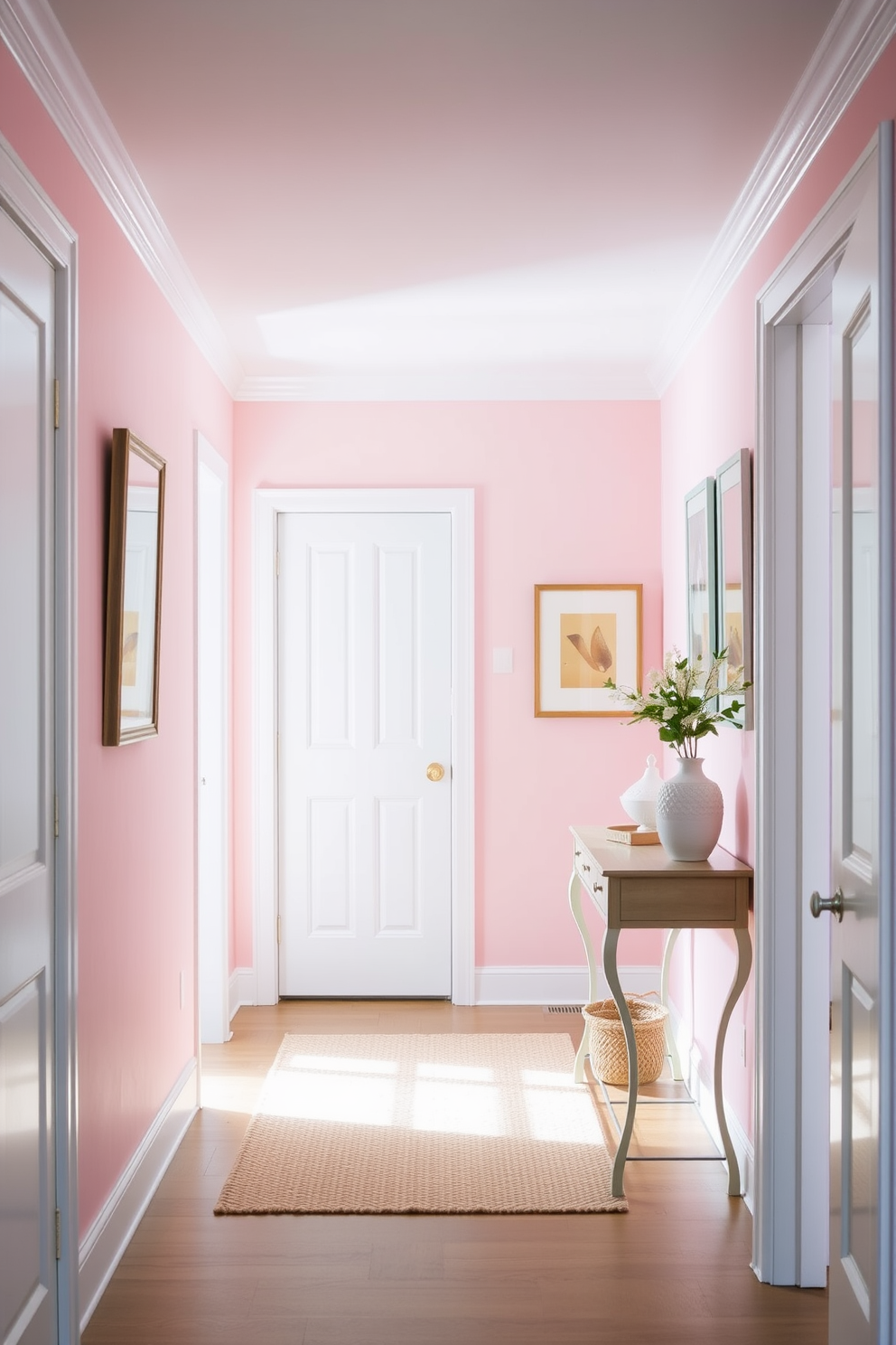 Brighten the hallway with soft pastel wall colors such as light pink and mint green. Incorporate decorative elements like framed artwork and a stylish console table to enhance the summer vibe.