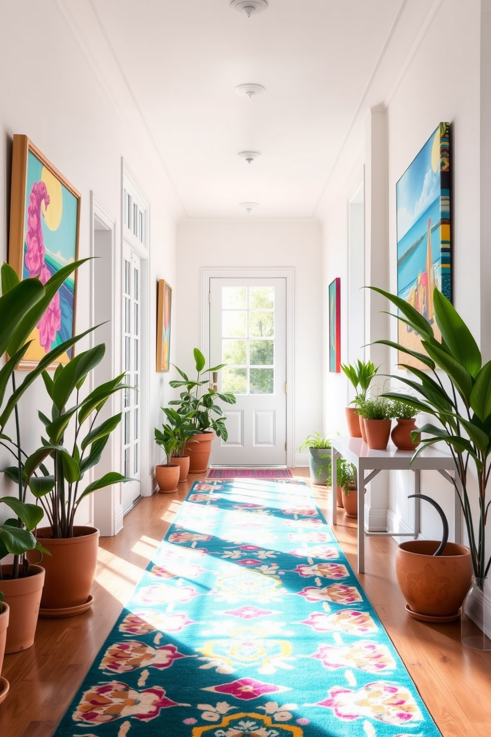 A bright and airy hallway adorned with a bold runner rug that adds a splash of color and texture. The walls are painted in a soft white, creating a perfect backdrop for vibrant artwork that enhances the summer theme. Natural light floods the space through large windows, illuminating the runner rug and highlighting its intricate pattern. Potted plants line the hallway, bringing a touch of greenery and freshness that complements the summer decor.