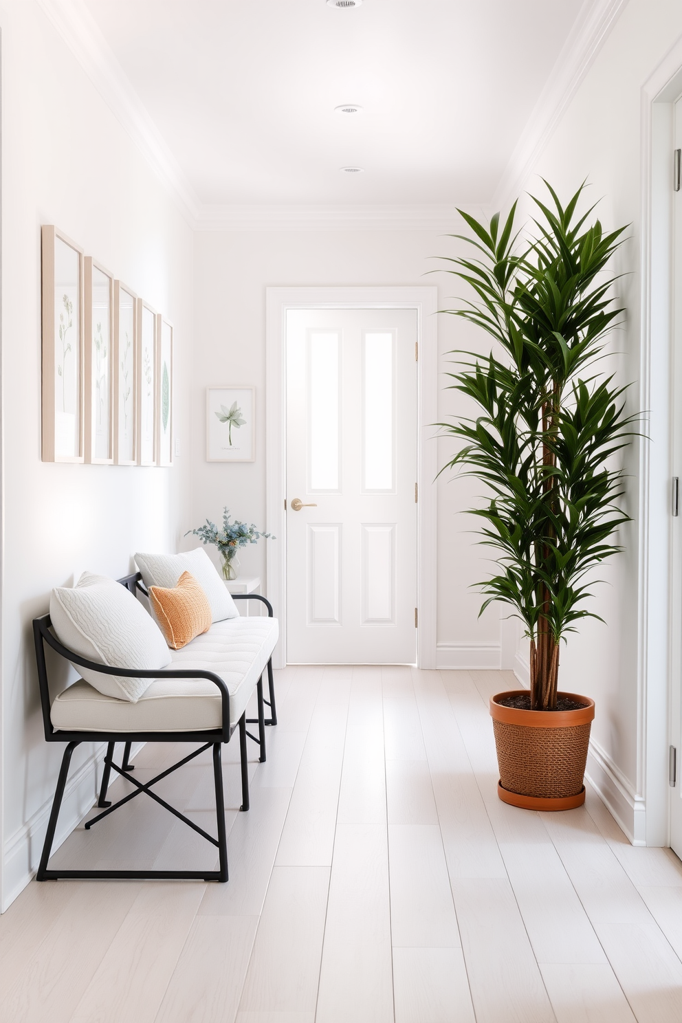 A bright and inviting hallway with a light wood floor and soft white walls. A stylish bench with plush cushions is placed against one side, providing a comfortable seating area. On the opposite wall, a series of framed botanical prints adds a touch of nature. A tall potted plant stands in the corner, enhancing the summer vibe with its lush greenery.