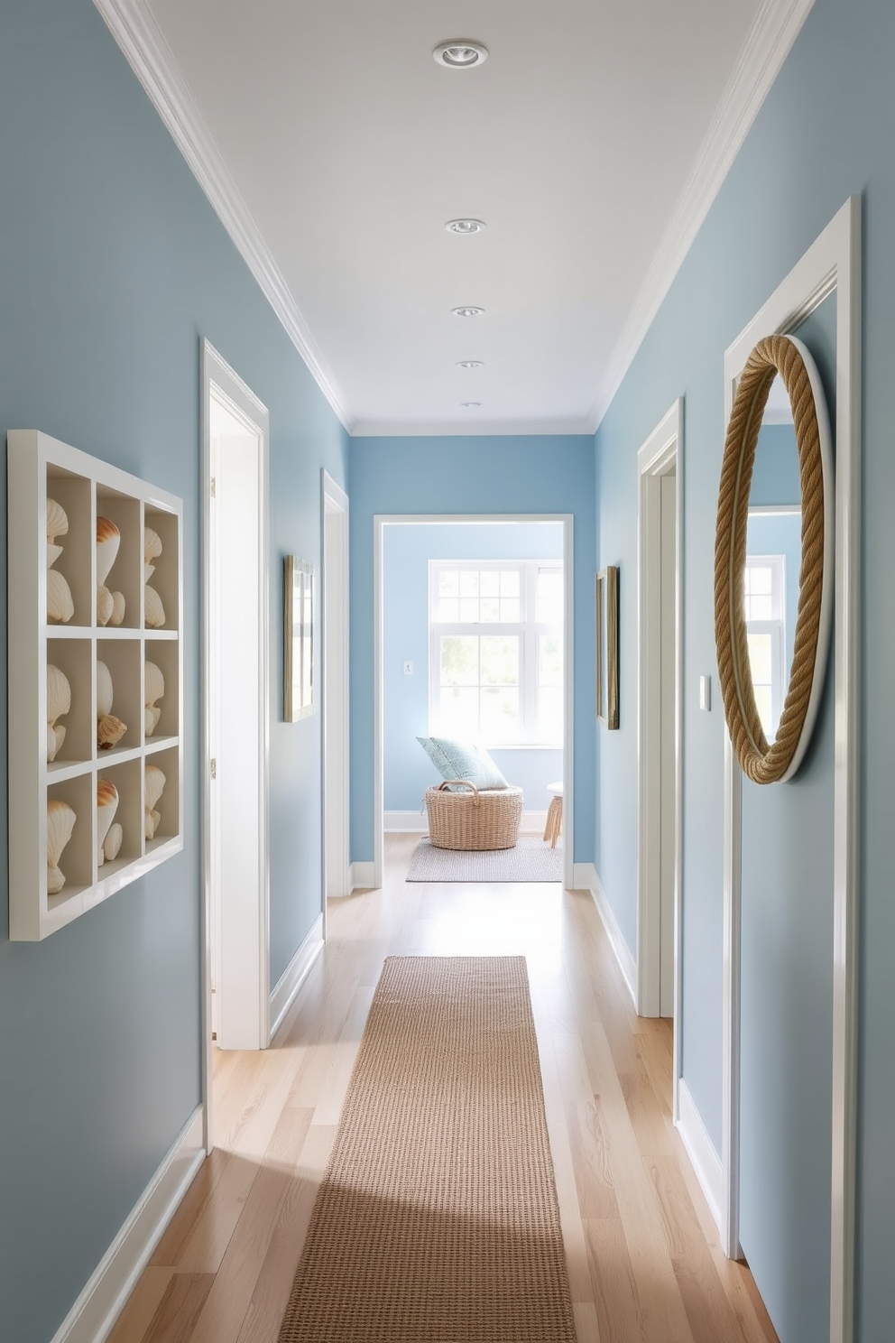 A bright and airy hallway decorated with nautical elements. The walls are adorned with a soft blue paint, and a collection of seashells is displayed in shadow boxes along the corridor. Light wood flooring complements the coastal theme, while a woven jute runner adds texture. A large round mirror with a rope frame hangs at the end of the hallway, reflecting natural light and enhancing the summery vibe.