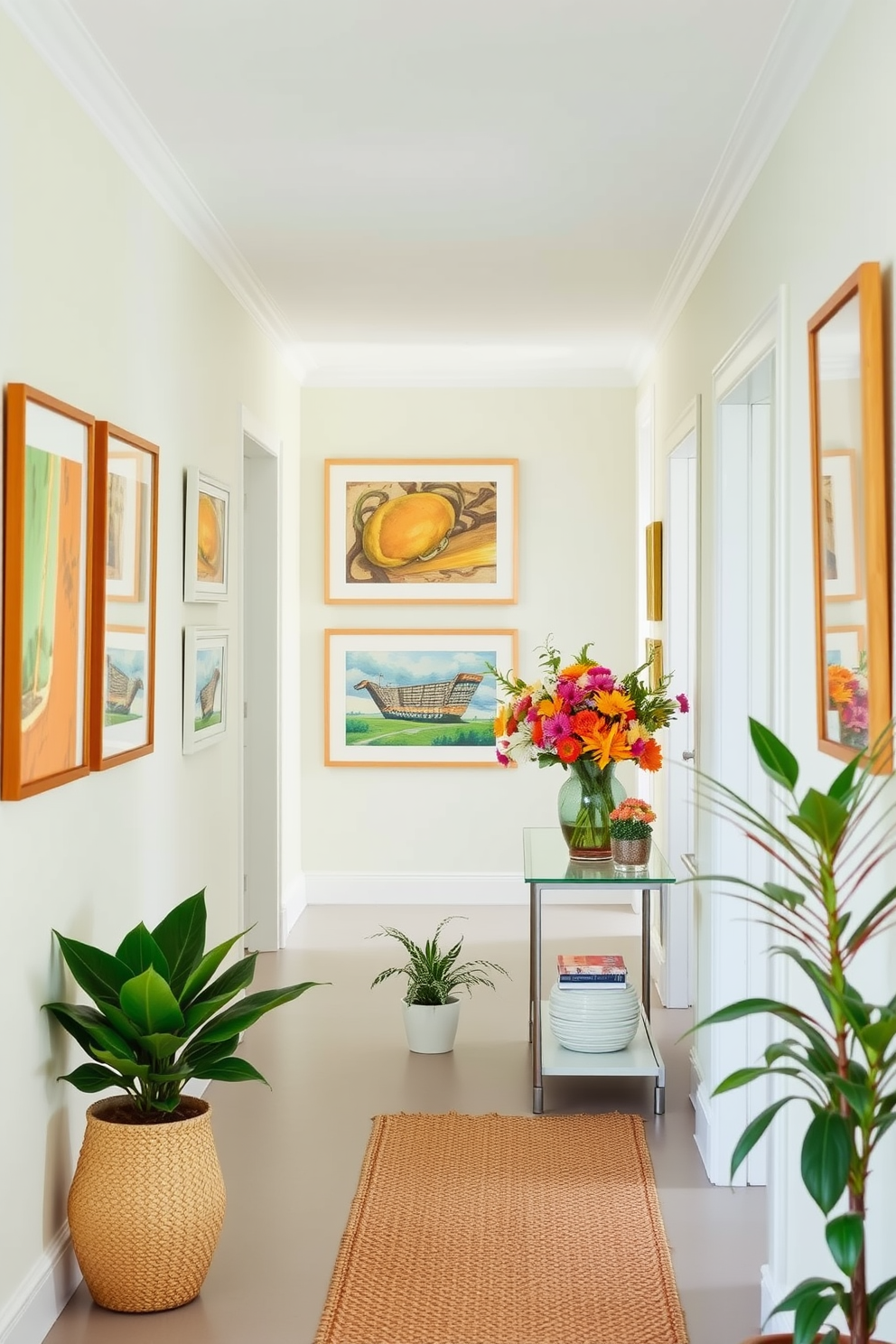 A bright and airy hallway decorated for summer. The walls are painted in a soft pastel hue, and a series of vibrant framed artworks line the corridor, bringing color and life to the space. A stylish console table sits against one wall, adorned with a vase of fresh seasonal flowers. A woven runner adds texture to the floor, while a few potted plants bring a touch of greenery to the hallway.