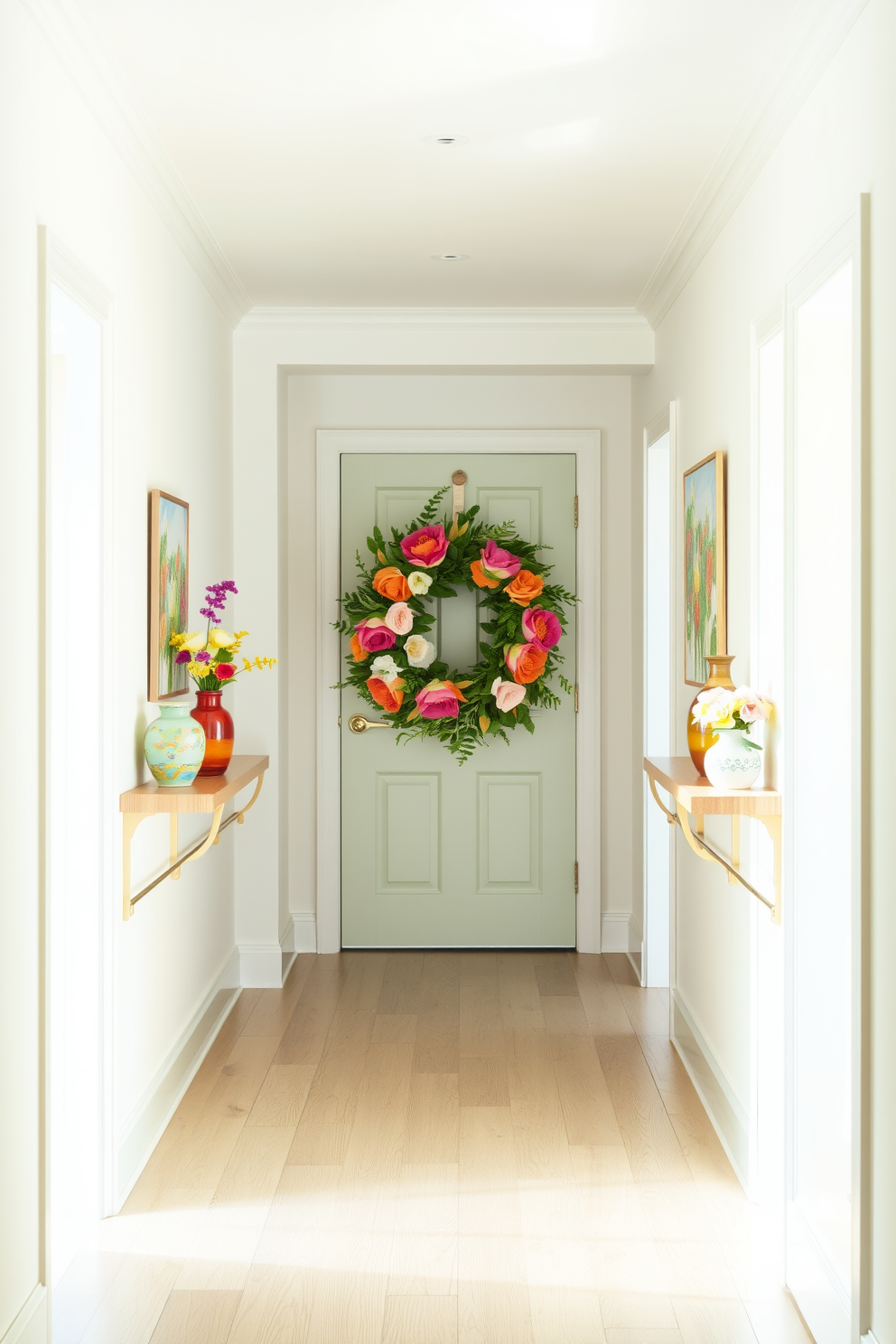 A bright and airy hallway adorned with summer-themed decor. The walls are painted in a soft pastel hue, and the floor is covered with a light-colored wood that enhances the natural light. At the end of the hallway, a beautiful seasonal wreath made of vibrant flowers and greenery is hung on the door. Along the sides, there are decorative shelves displaying colorful vases and summer-themed artwork that adds a cheerful touch.