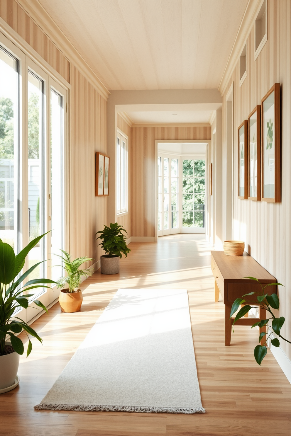 A bright and airy hallway adorned with light wood finishes that exude warmth. Natural light floods in through large windows, highlighting a series of framed botanical prints on the walls. A soft runner rug in pastel colors stretches along the wooden floor, adding a touch of comfort. Potted plants are placed strategically in the corners, bringing a refreshing summer vibe to the space.