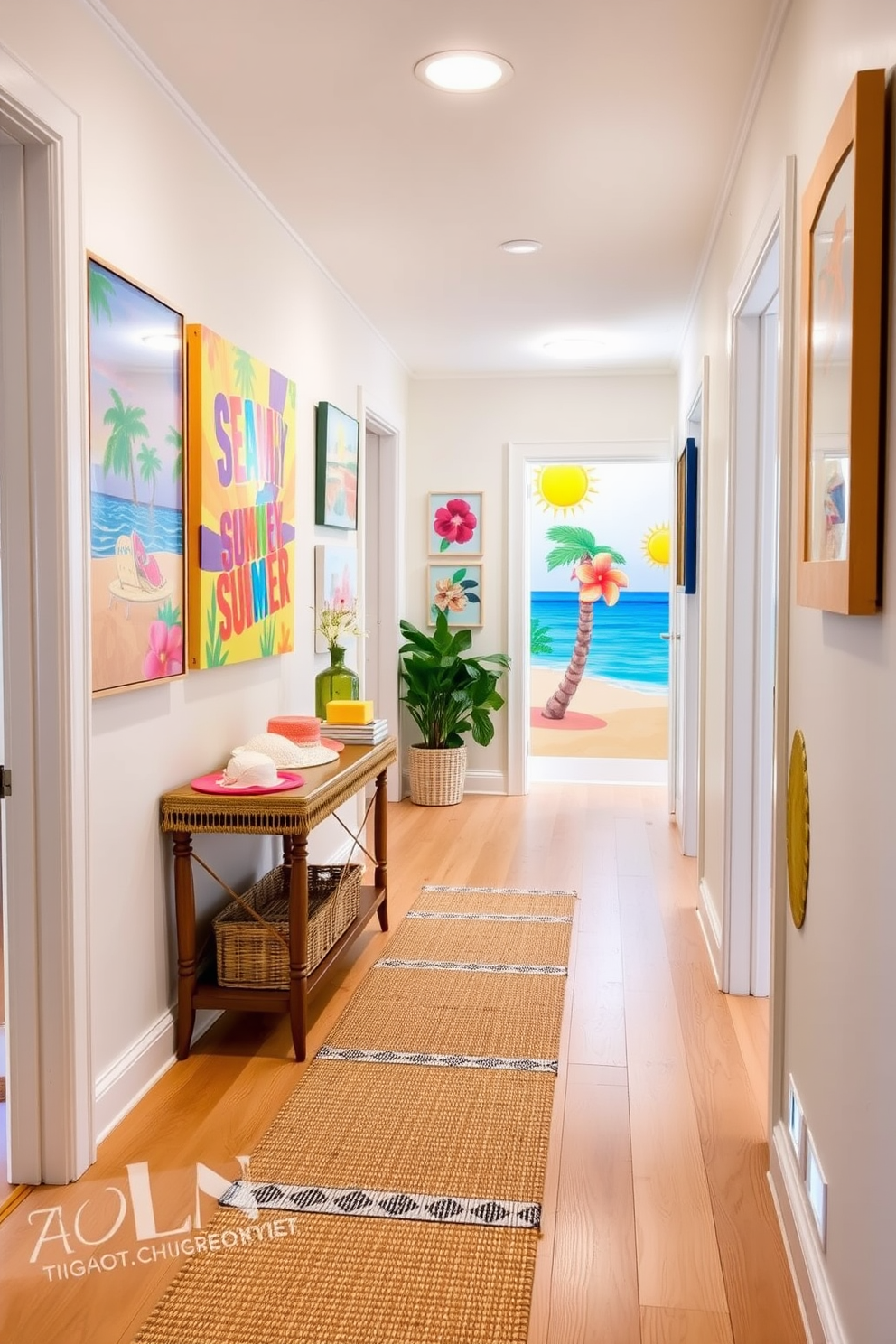 A vibrant hallway adorned with fun summer-themed prints. The walls are decorated with colorful artwork featuring beach scenes, tropical flowers, and bright sun motifs. The flooring is a light wood that complements the cheerful atmosphere. A woven runner with a playful pattern leads guests through the space, while a small console table displays seasonal decor items like seashells and sun hats.