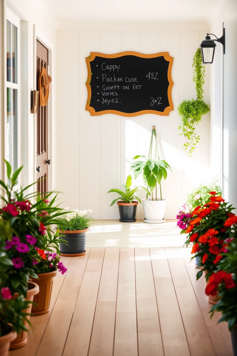 Create a bright and inviting summer hallway with a chalkboard mounted on the wall for messages. The hallway features light wooden flooring and is adorned with vibrant potted plants lining the sides, adding a fresh and cheerful atmosphere.