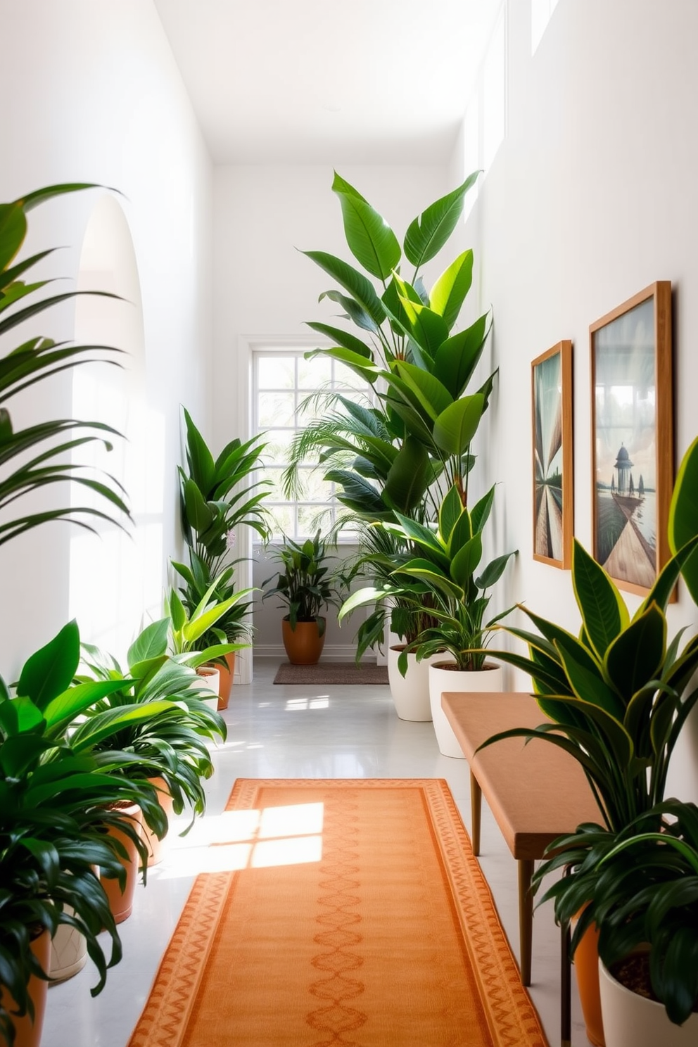 A bright and airy hallway adorned with tropical plant accents. Lush green potted plants are strategically placed along the walls, creating a vibrant and inviting atmosphere. The walls are painted in a soft white to enhance the natural light flowing in. A stylish runner rug in warm tones leads the way, complemented by framed artwork featuring tropical landscapes.