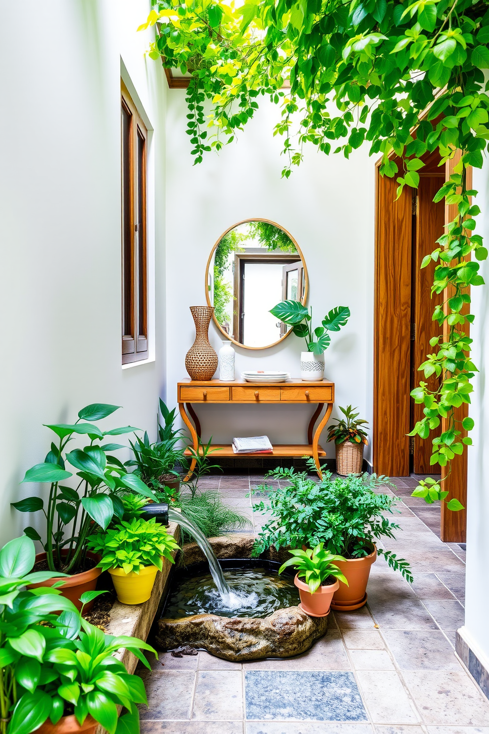 A serene summer hallway adorned with vibrant greenery. A small water feature flows gently beside a collection of potted plants, creating a refreshing atmosphere. The walls are painted in a soft pastel hue, complemented by natural wood accents. A stylish console table holds decorative items and a mirror, enhancing the inviting ambiance of the space.