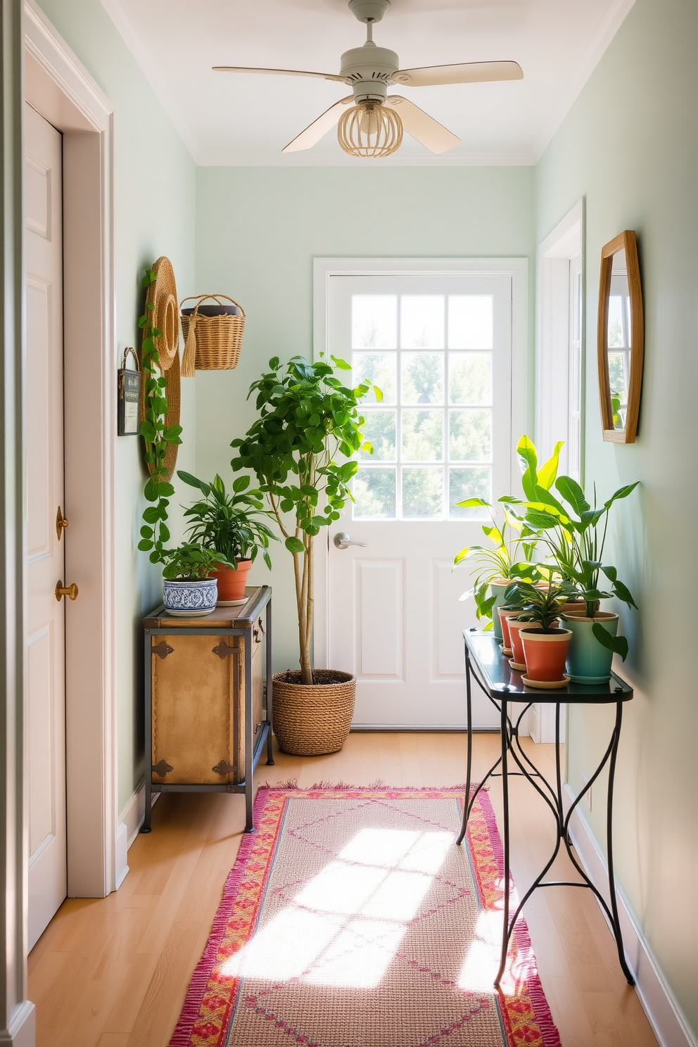 A bright and inviting hallway adorned with summer-themed decor. The walls are painted in a soft pastel hue, and a vintage suitcase is placed against the wall, adding a charming touch. Sunlight streams in through a nearby window, illuminating a collection of potted plants on a small console table. A colorful woven rug runs down the hallway, enhancing the cheerful and welcoming atmosphere.