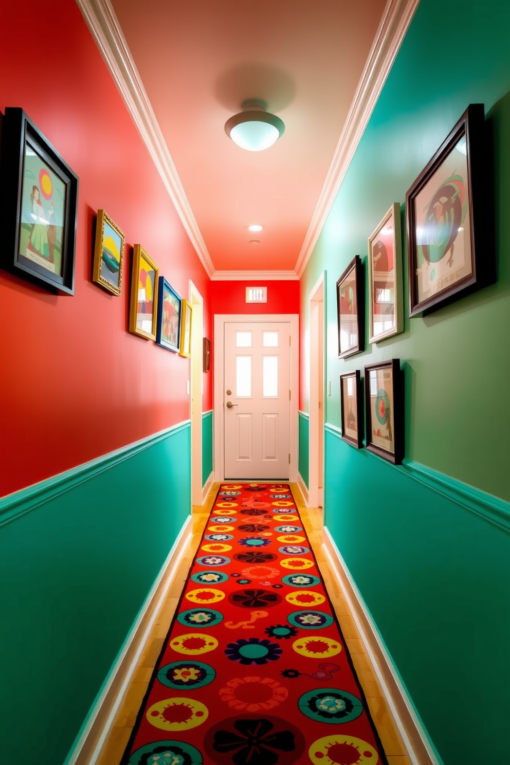 A bright and cheerful hallway adorned with a playful color palette. The walls are painted in vibrant shades of coral and teal, creating a lively atmosphere that invites exploration. Colorful artwork and framed photographs line the walls, adding personality and charm. A whimsical runner rug in bold patterns stretches down the hallway, complementing the playful theme while providing a cozy touch.