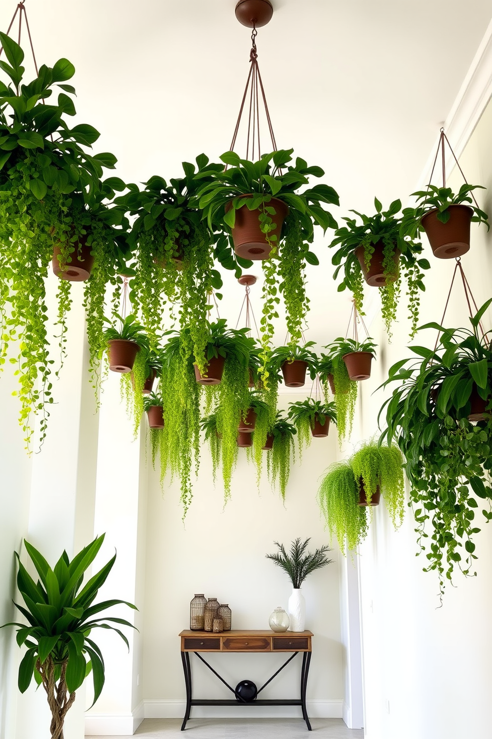 A bright and inviting hallway adorned with a stunning hanging plant display. The ceiling is lined with a variety of lush green plants cascading down in elegant pots, creating a refreshing atmosphere. The walls are painted in a soft pastel hue, complementing the vibrant greenery. A stylish console table sits against one wall, decorated with a few carefully arranged decorative items and a small potted plant.