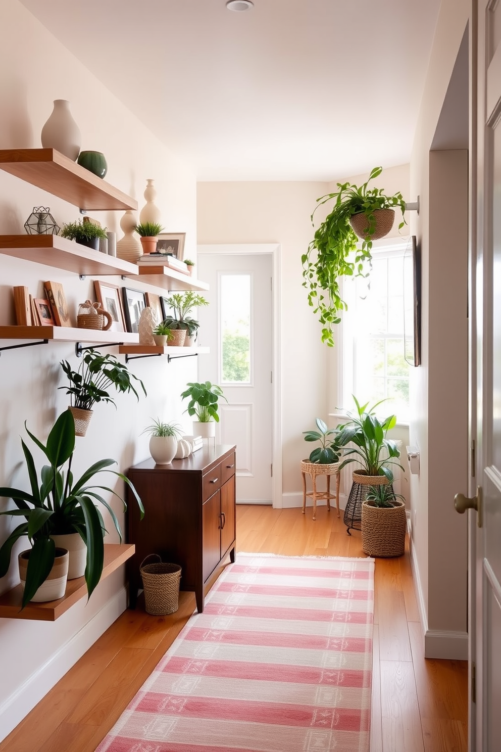 A bright and airy hallway adorned with floating shelves showcasing a mix of decorative items and plants. The walls are painted in a soft beige, and a runner rug in pastel colors adds warmth to the space.