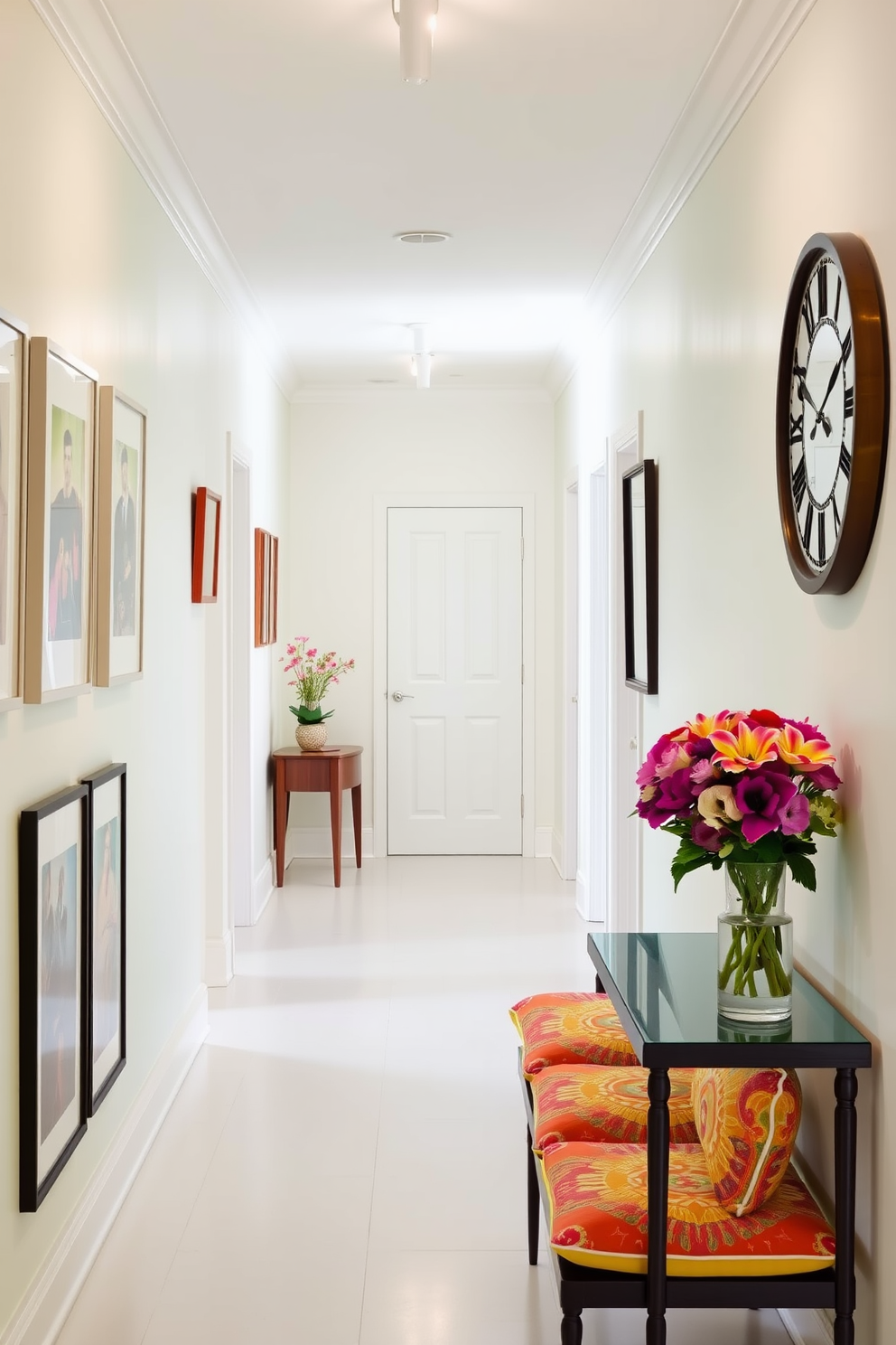 A bright and airy hallway adorned with light pastel walls that evoke a sense of calm. Along one side, a series of framed artwork adds personality, while a whimsical clock with playful designs draws the eye. At the end of the hallway, a small console table holds a vibrant bouquet of fresh flowers. A comfortable bench with colorful cushions invites guests to pause and enjoy the cheerful atmosphere.