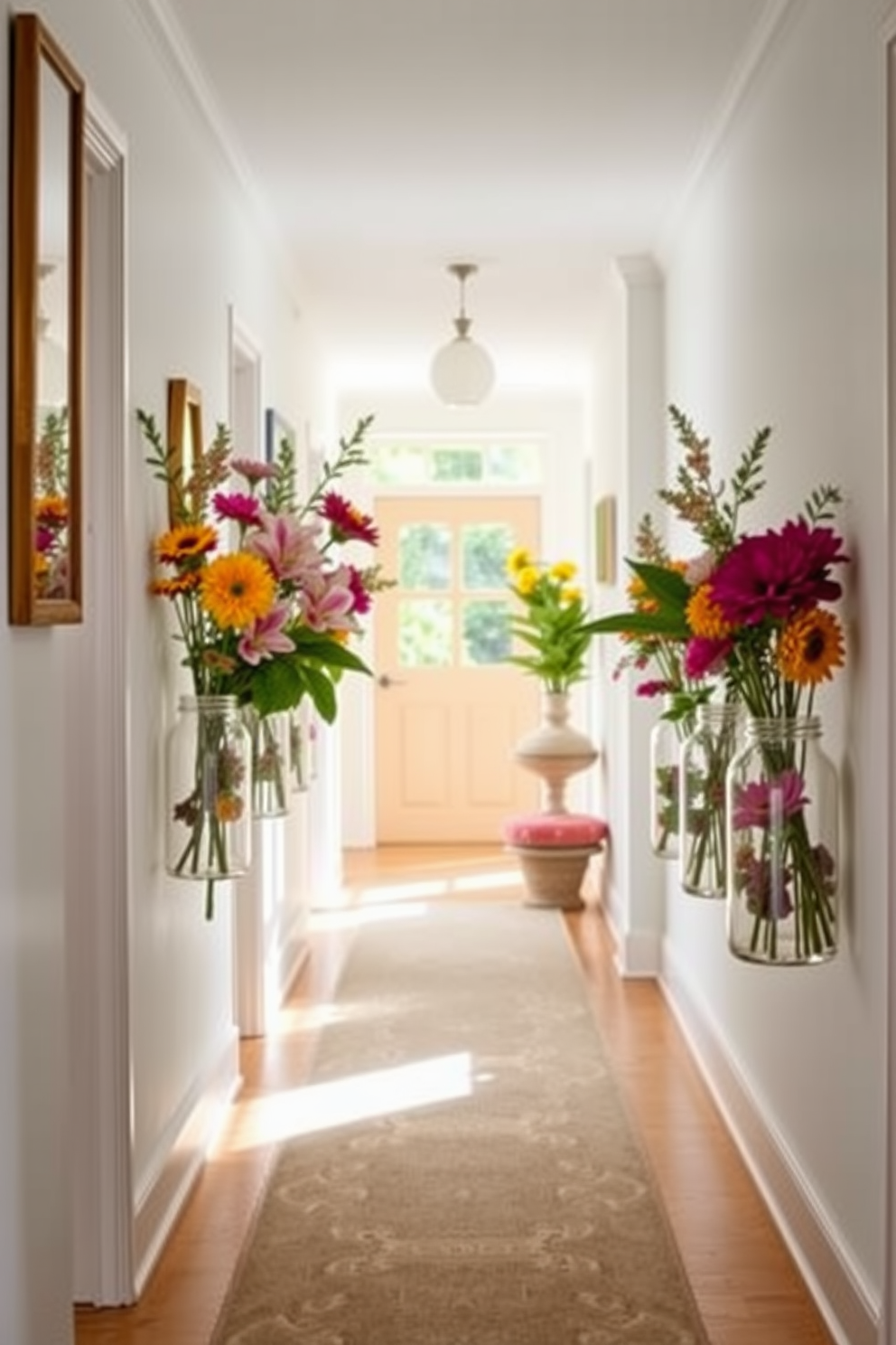 A bright and airy hallway adorned with clear jars used for decorative storage. The jars are filled with colorful seasonal flowers and natural elements, creating a fresh and inviting atmosphere. The walls are painted in a soft pastel hue, enhancing the lightness of the space. A runner rug in subtle patterns leads the way, adding warmth and texture to the hallway.