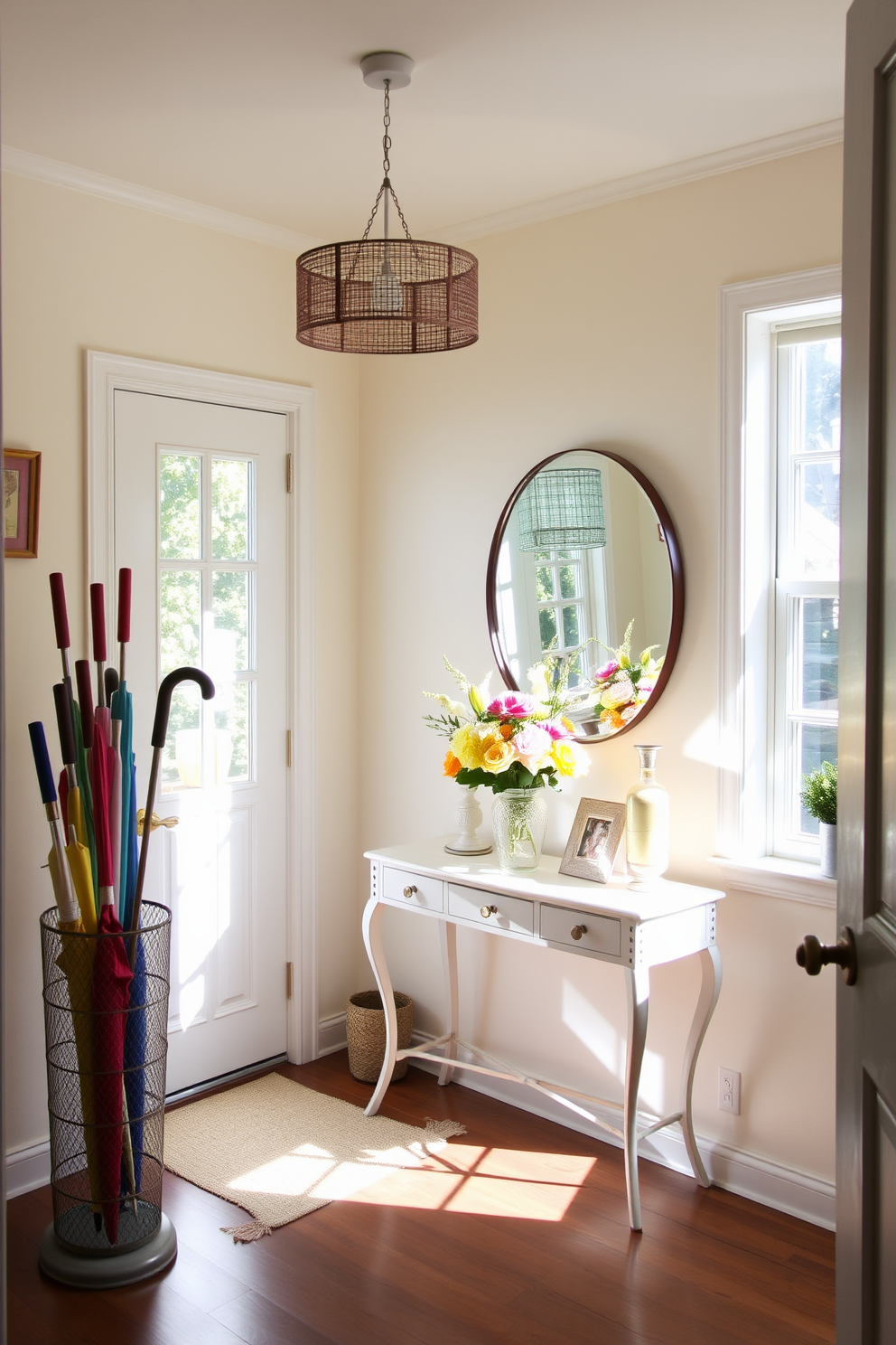 A bright and airy hallway adorned with summer-themed decorations. The walls are painted in a soft pastel hue, and a stylish umbrella stand sits elegantly by the door, filled with colorful umbrellas. Beneath a large round mirror, a console table features a vase of fresh flowers and a few decorative items. Sunlight streams in through a nearby window, creating a warm and inviting atmosphere that enhances the cheerful summer decor.