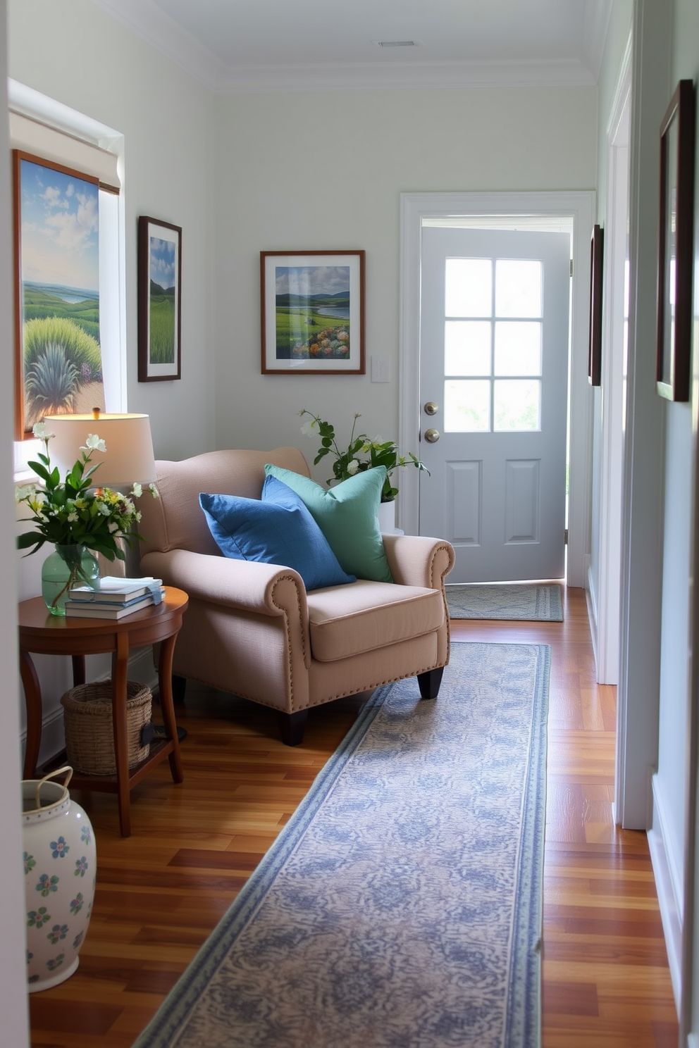 Create a cozy reading nook featuring a plush armchair with soft cushions in various shades of blue and green. A small side table holds a stack of books and a warm lamp, while a window nearby invites natural light into the space. Design a summer hallway decorated with light, airy colors and fresh floral accents. The walls are adorned with framed art depicting summer landscapes, and a runner rug adds a touch of warmth to the wooden floor.